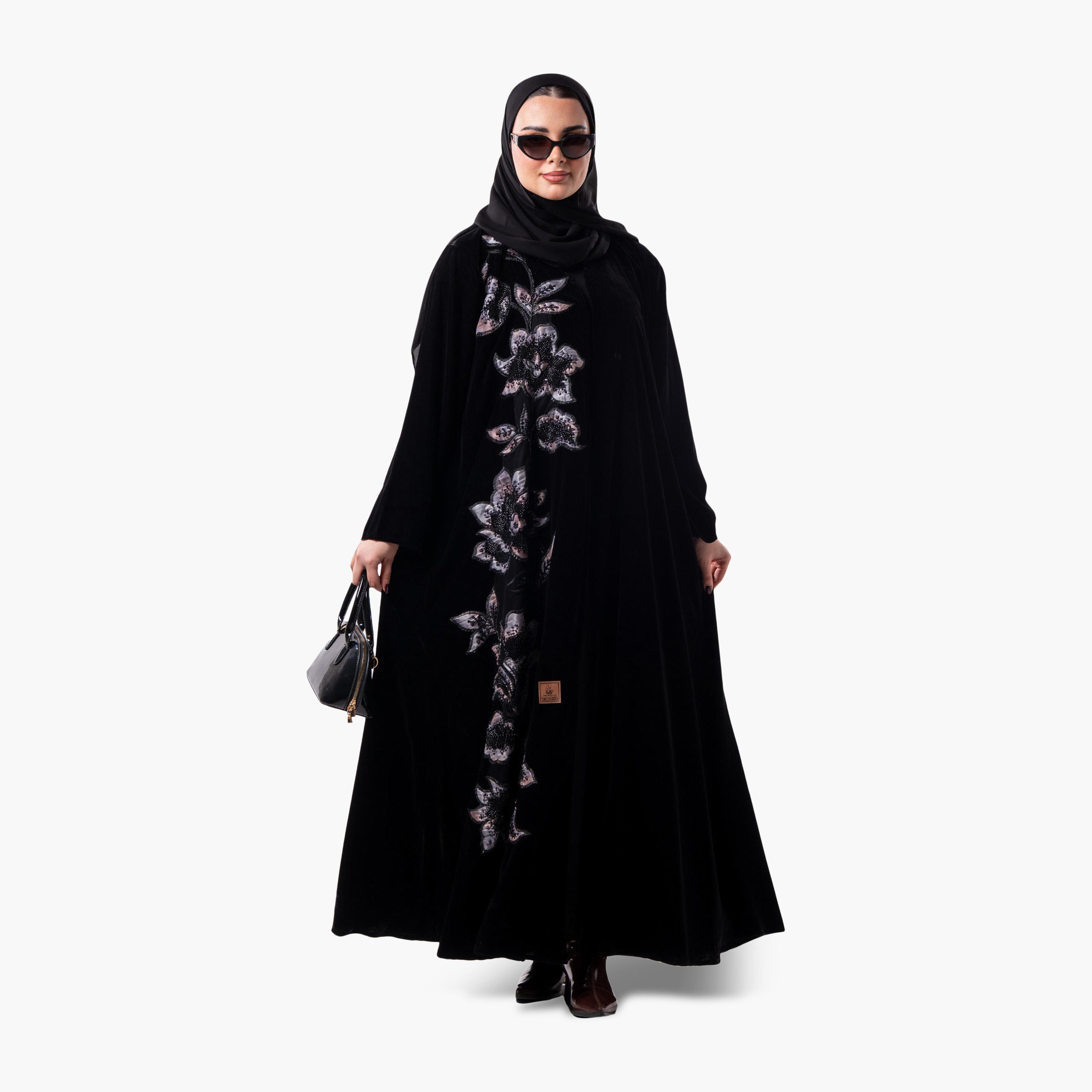 عباية سهرة نسائية بنقشة زهور ومزينة بالخرز مع حجاب من زاهية - أسود-women-arabicclothing-abayas-image-1