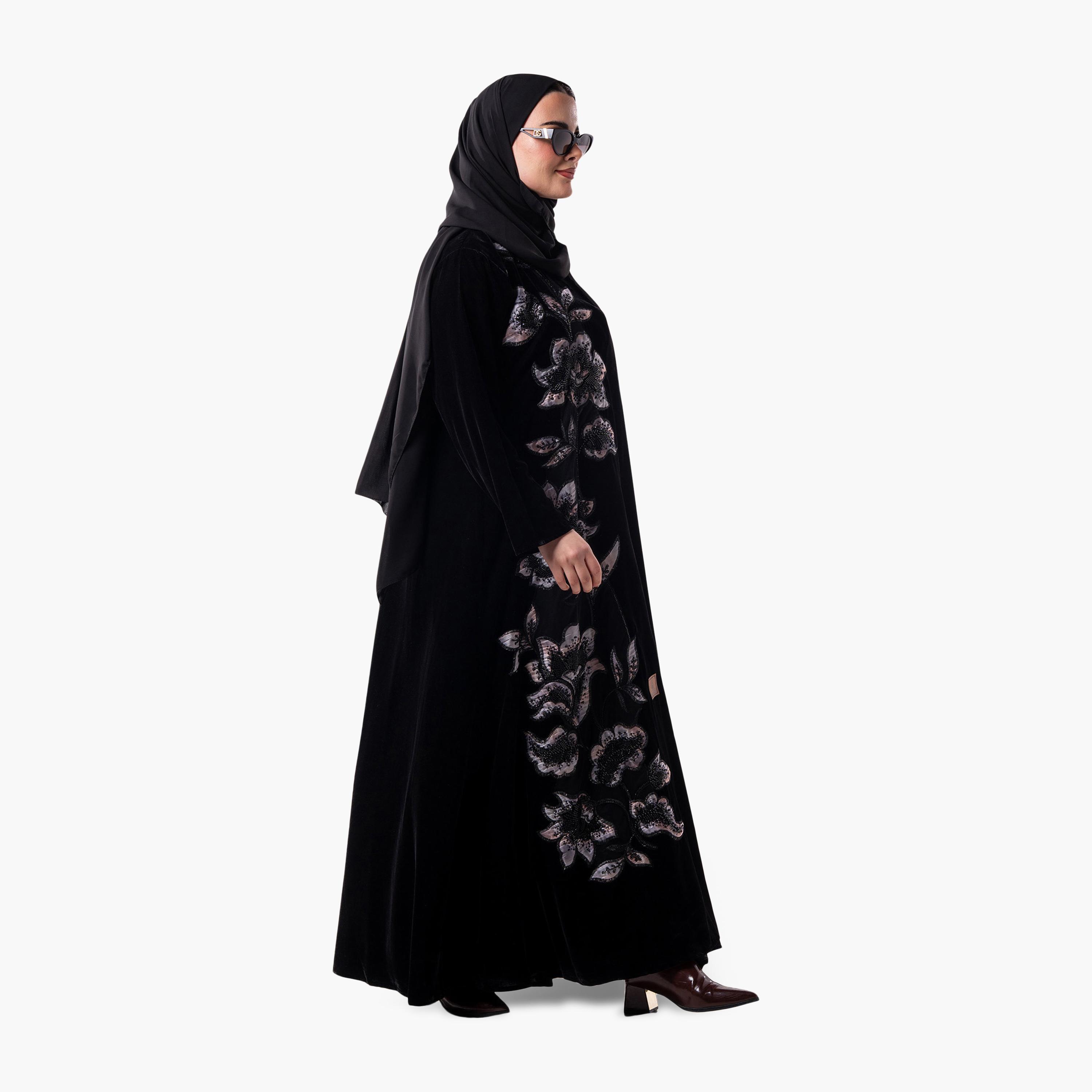 عباية سهرة نسائية بنقشة زهور ومزينة بالخرز مع حجاب من زاهية - أسود-women-arabicclothing-abayas-image-3