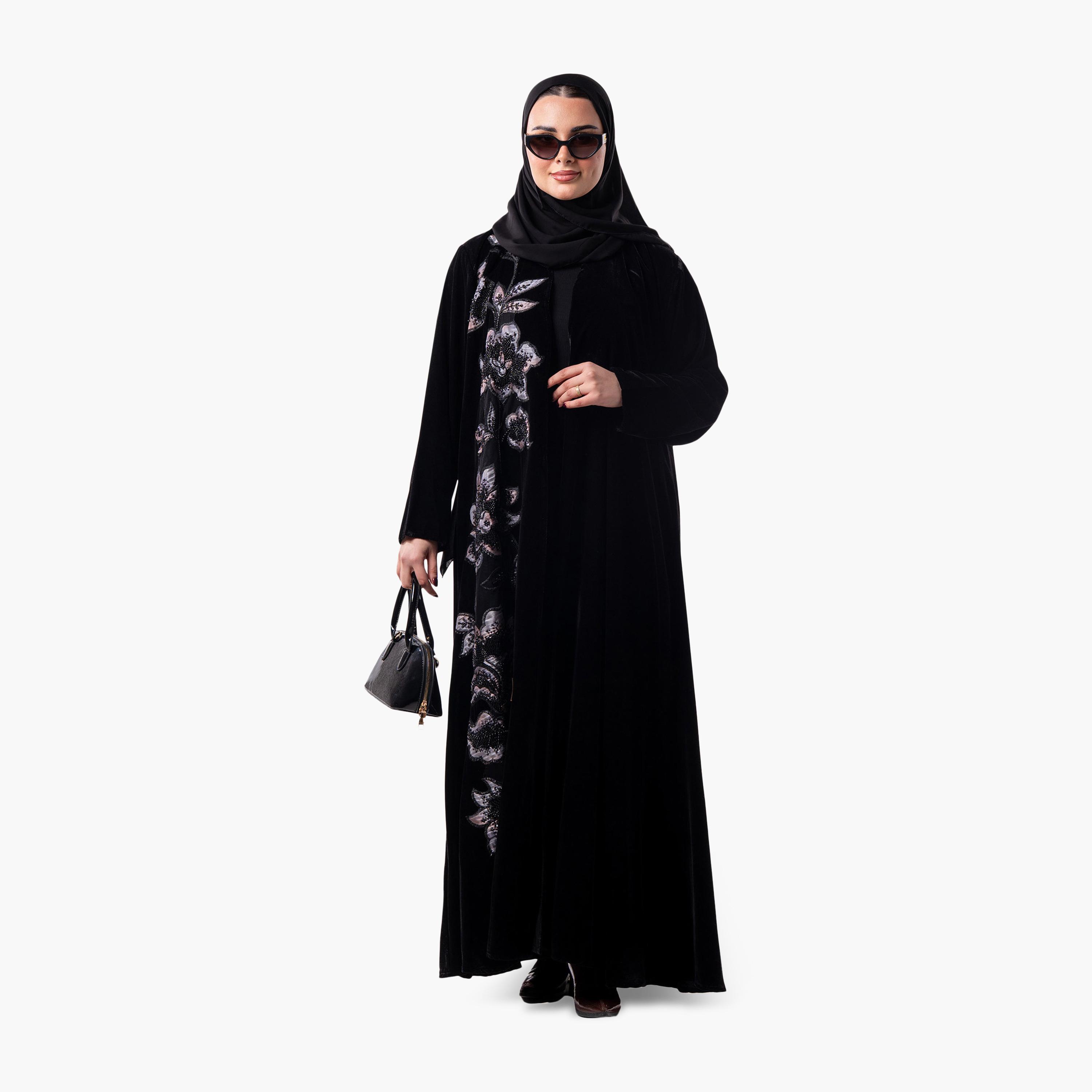 عباية سهرة نسائية بنقشة زهور ومزينة بالخرز مع حجاب من زاهية - أسود-women-arabicclothing-abayas-image-4