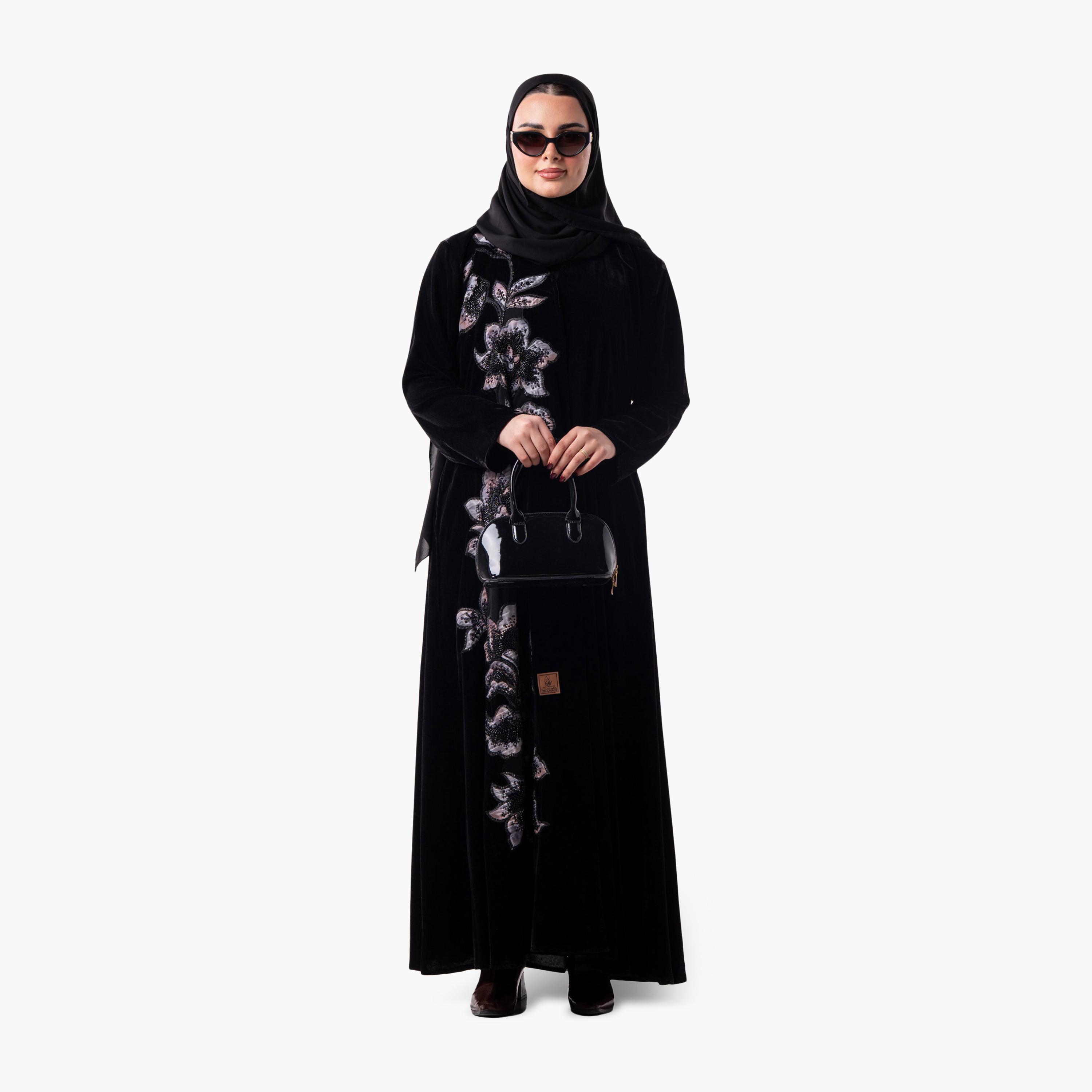 عباية سهرة نسائية بنقشة زهور ومزينة بالخرز مع حجاب من زاهية - أسود-women-arabicclothing-abayas-image-5