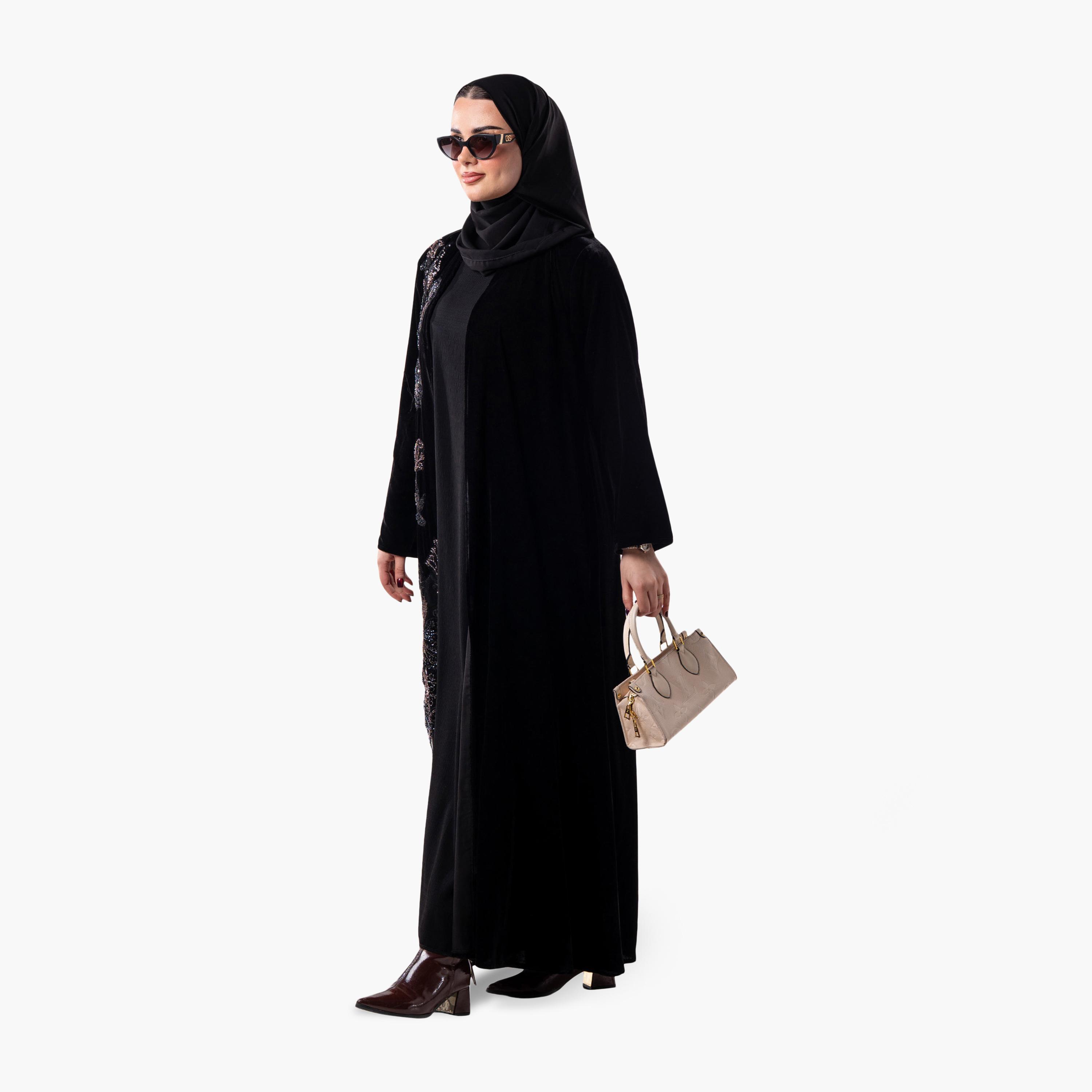 عباية سهرة نسائية مزينة بالخرز مع حجاب من زاهية - أسود-women-arabicclothing-abayas-image-2