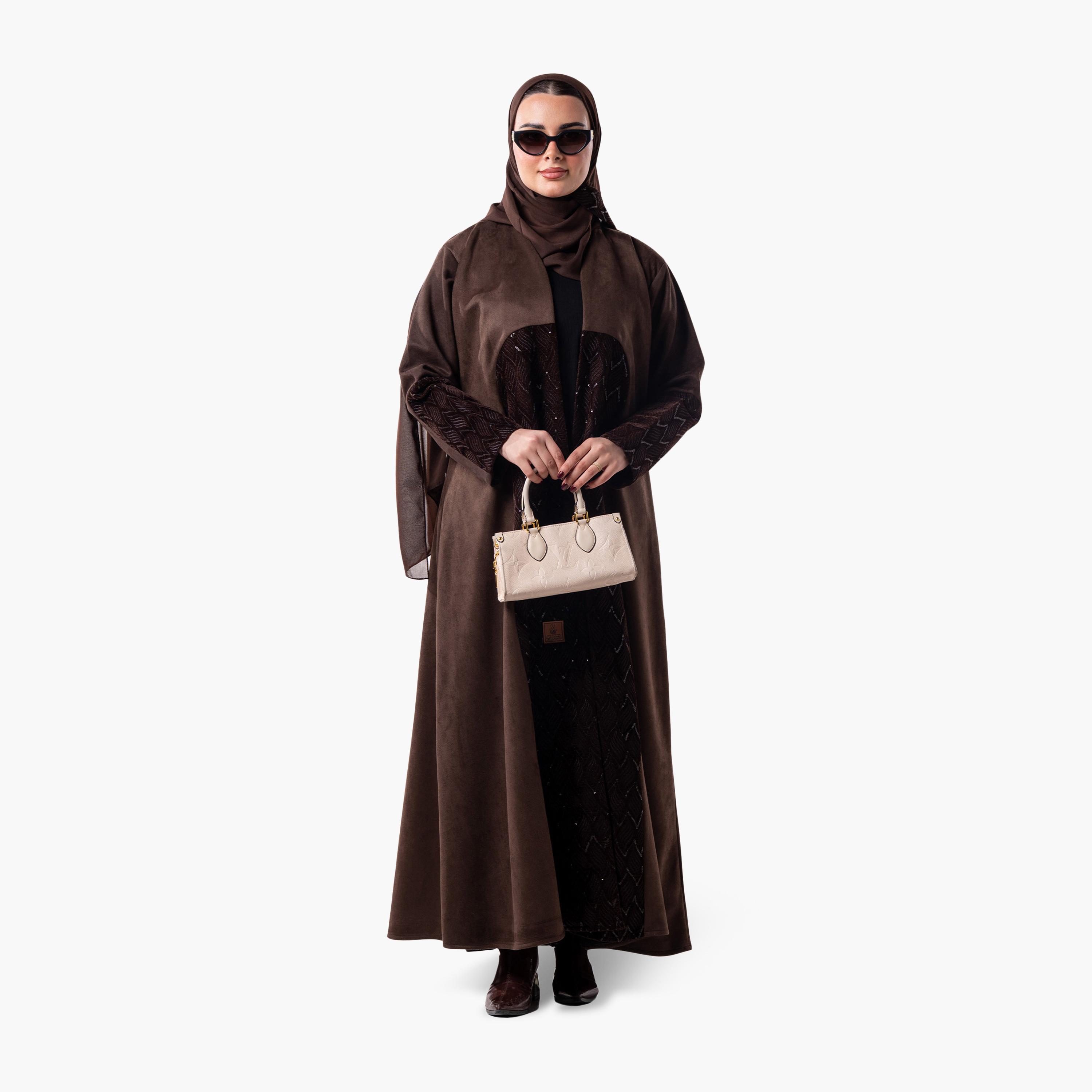 Zahiyh Dual Toned Velvet Women's Evening Flared Abaya with Hijab-women-arabicclothing-abayas-image-1