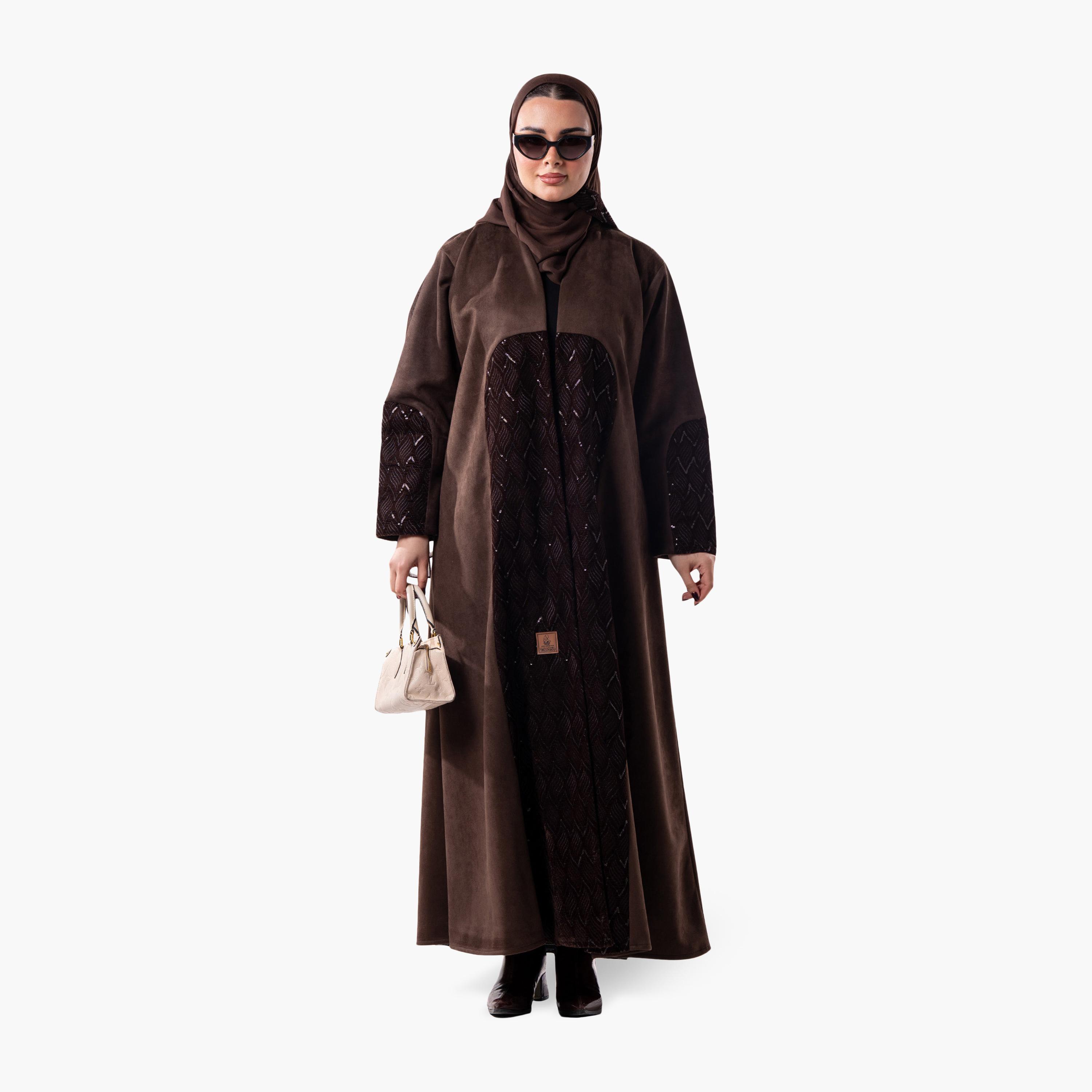 Zahiyh Dual Toned Velvet Women's Evening Flared Abaya with Hijab-women-arabicclothing-abayas-image-2