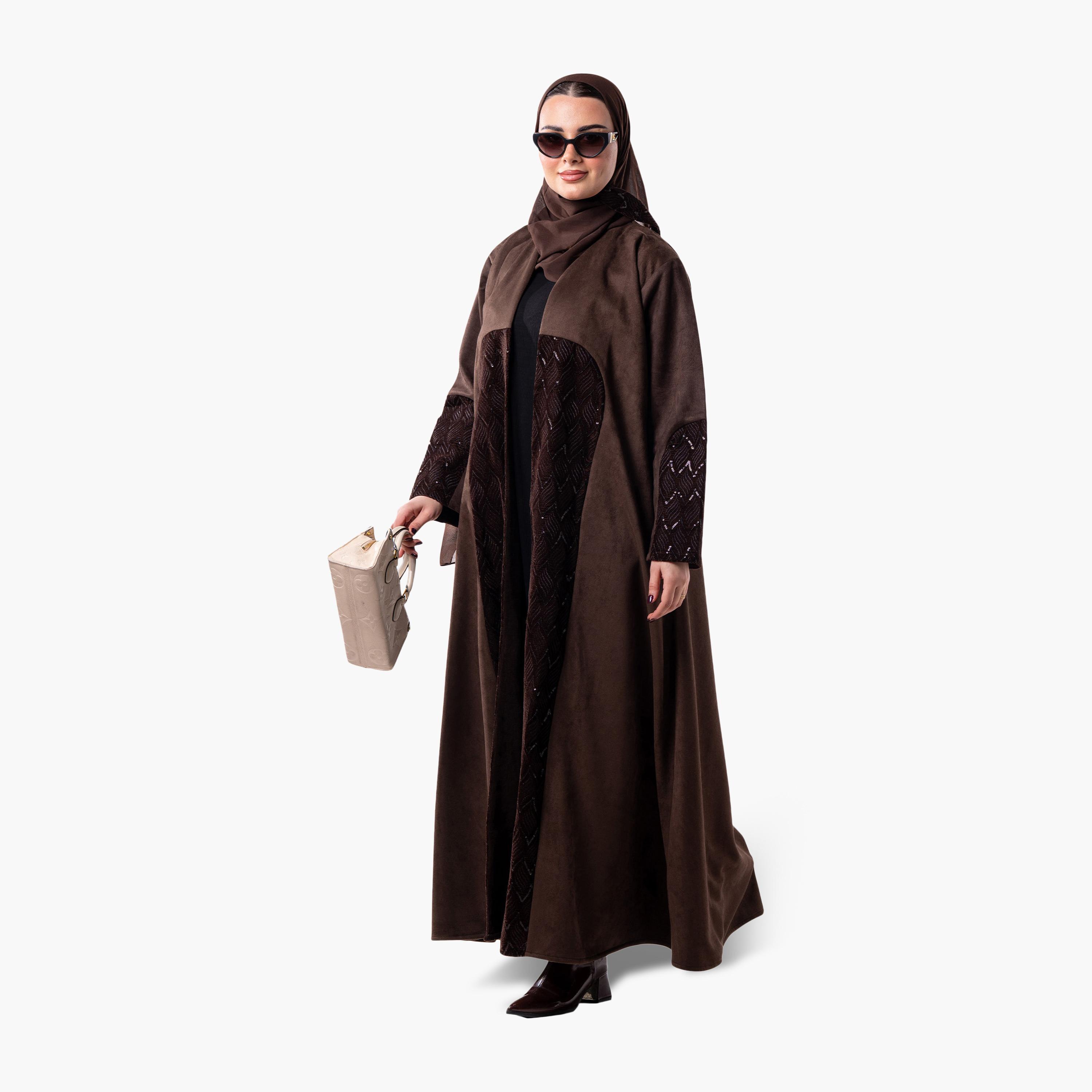 Zahiyh Dual Toned Velvet Women's Evening Flared Abaya with Hijab-women-arabicclothing-abayas-image-3
