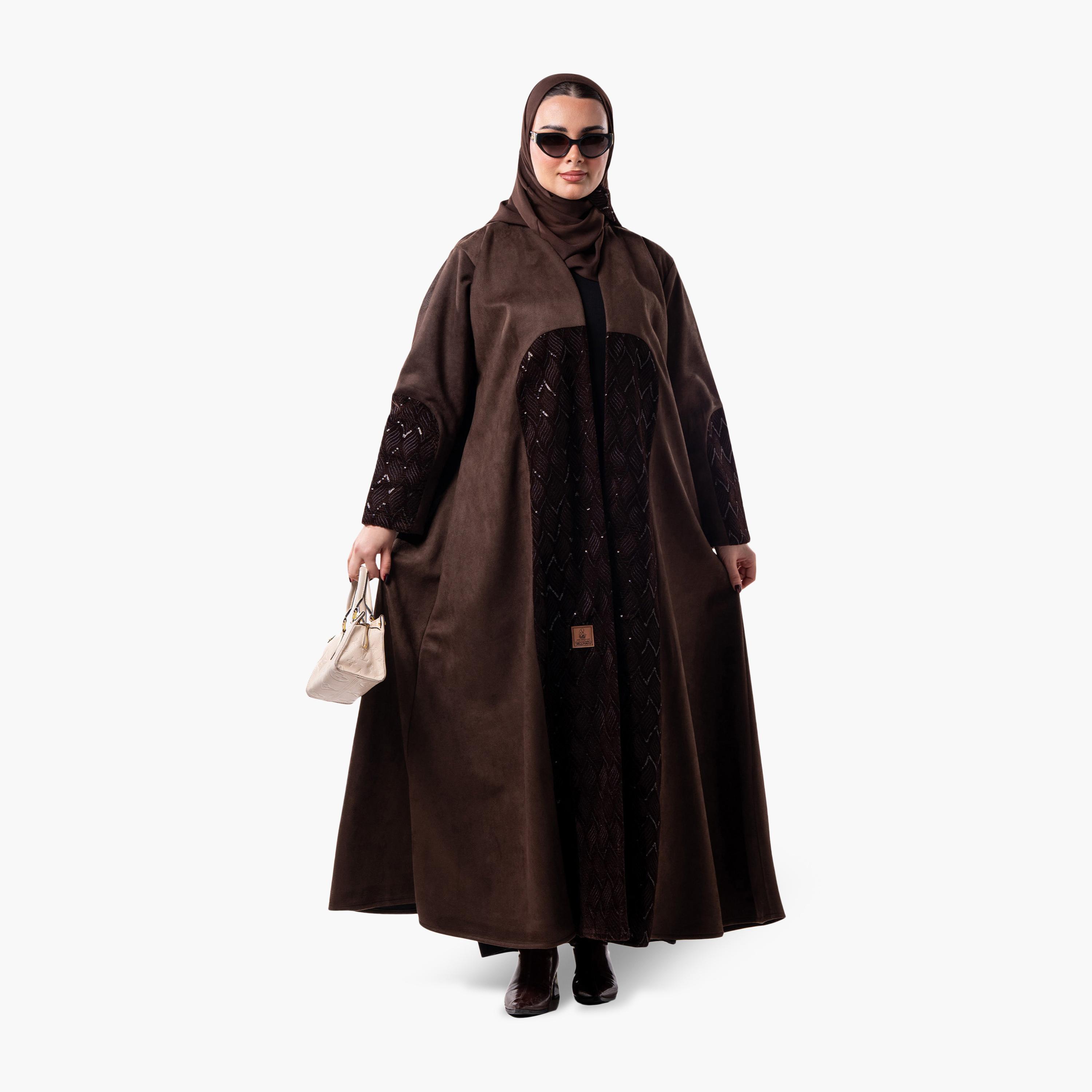 Zahiyh Dual Toned Velvet Women's Evening Flared Abaya with Hijab-women-arabicclothing-abayas-image-4