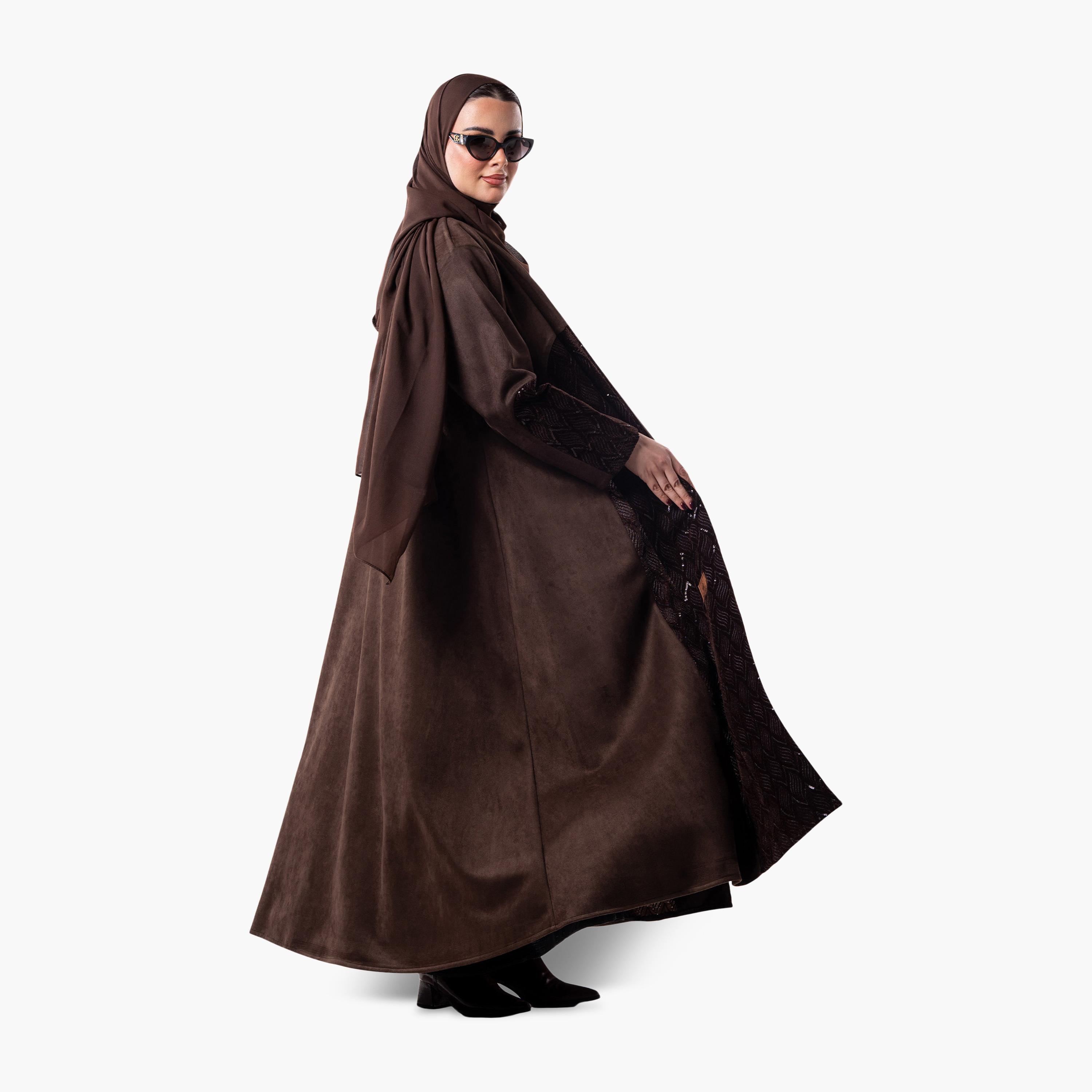 Zahiyh Dual Toned Velvet Women's Evening Flared Abaya with Hijab-women-arabicclothing-abayas-image-5