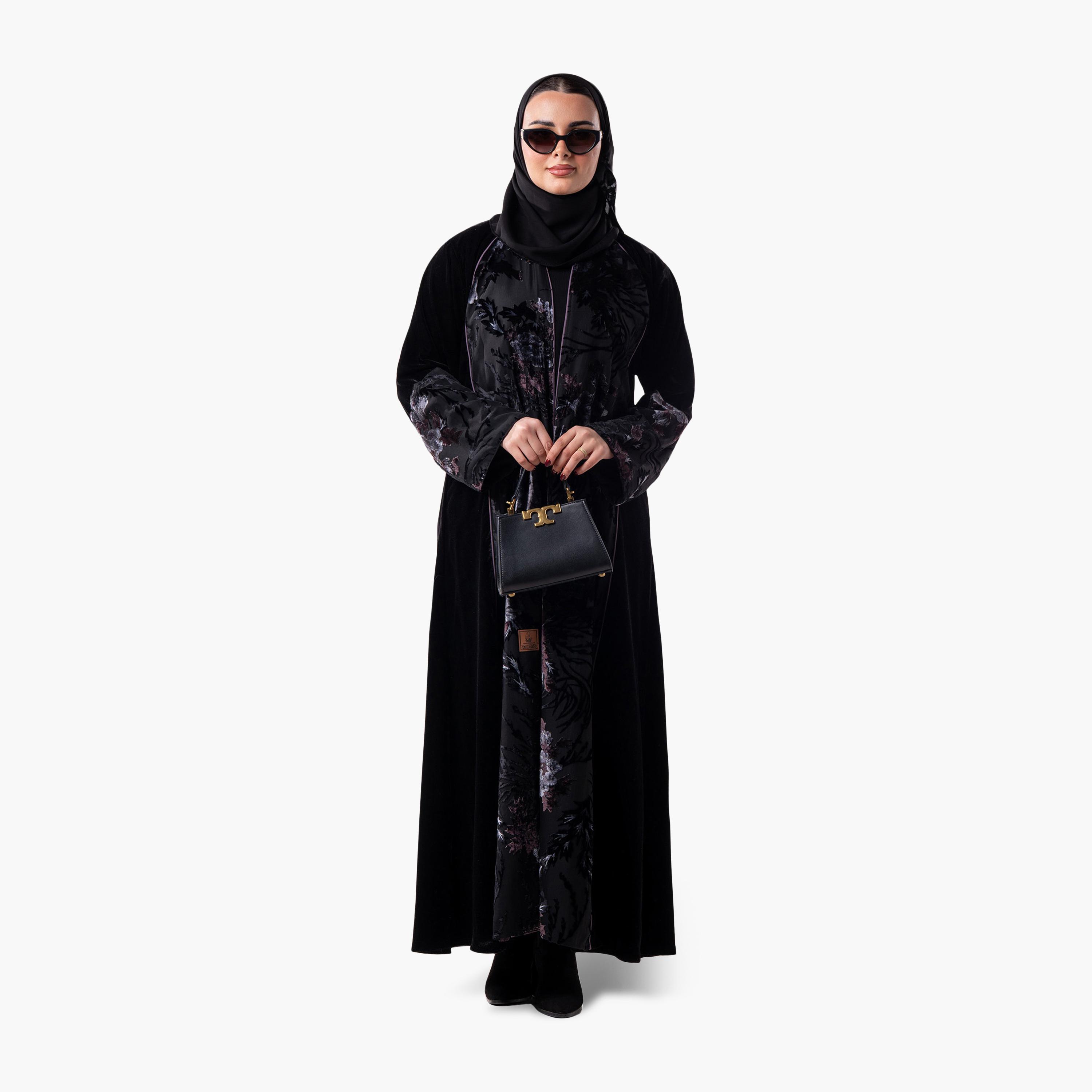Zahiyh Black Floral Women's Evening Abaya with Hijab-women-arabicclothing-abayas-image-1