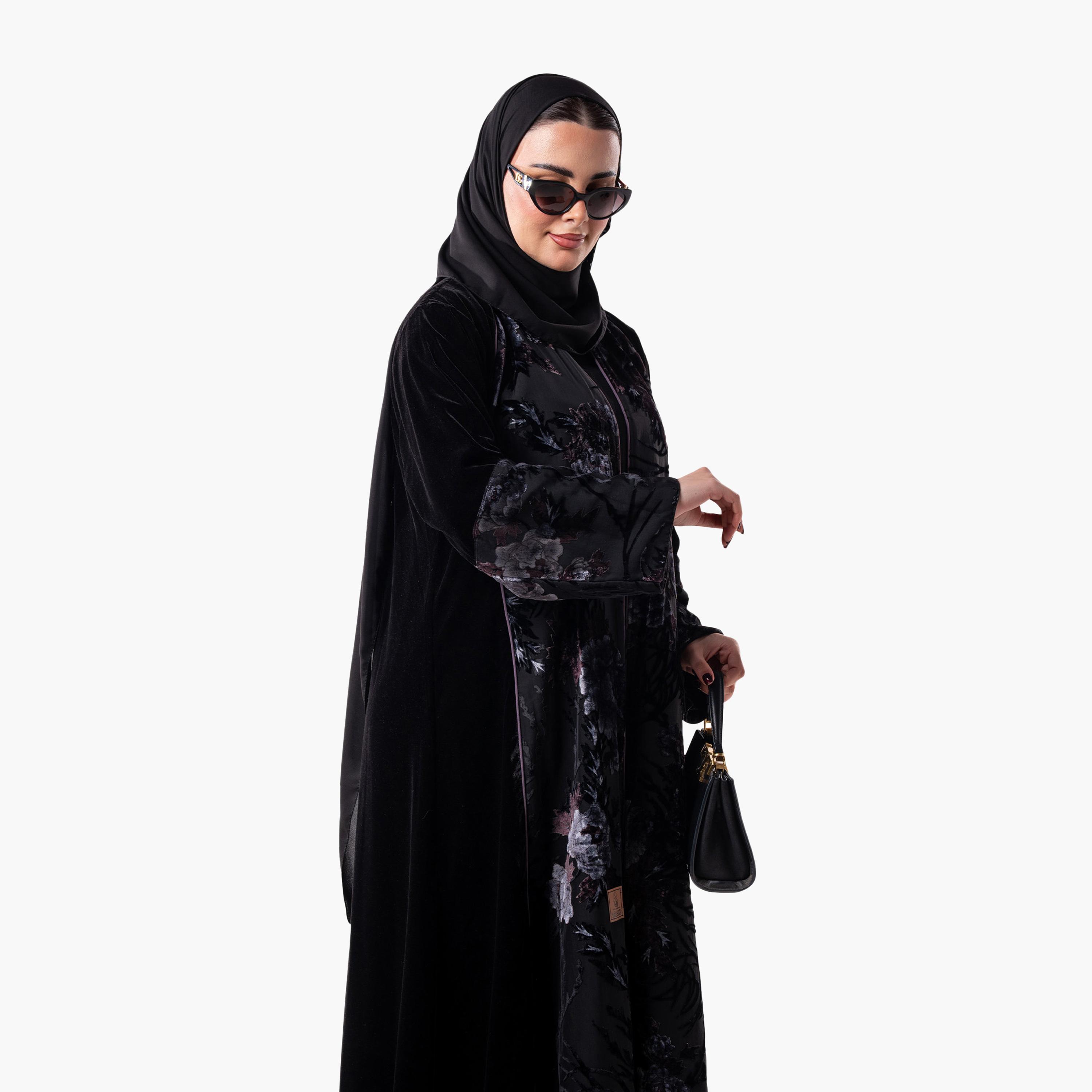 Zahiyh Black Floral Women's Evening Abaya with Hijab-women-arabicclothing-abayas-image-2