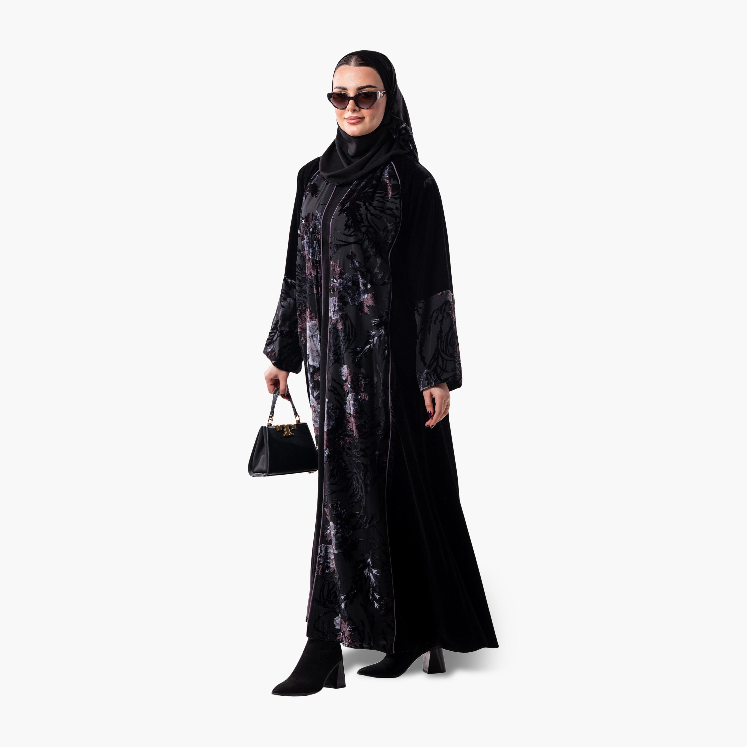 Zahiyh Black Floral Women's Evening Abaya with Hijab-women-arabicclothing-abayas-image-3