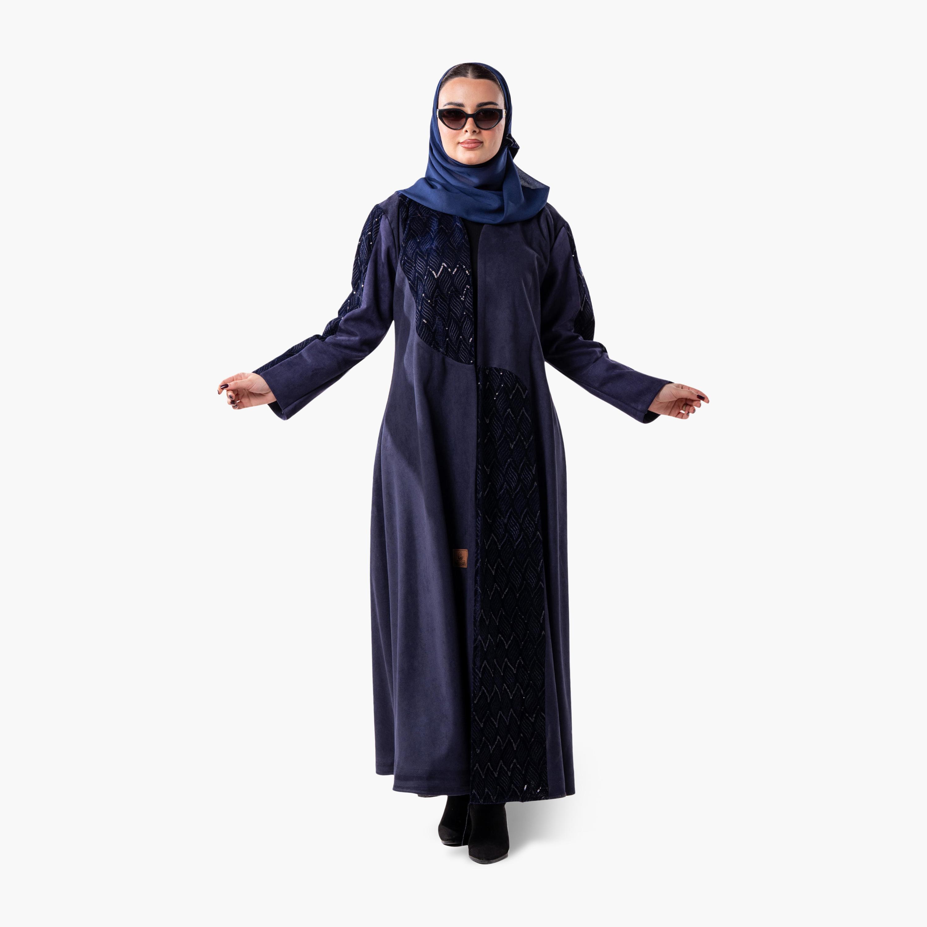 عباية سهرة نسائية مخملية بقصة واسعة وأكمام مطبوعة بلونين مع حجاب من زاهية - أزرق-women-arabicclothing-abayas-image-2