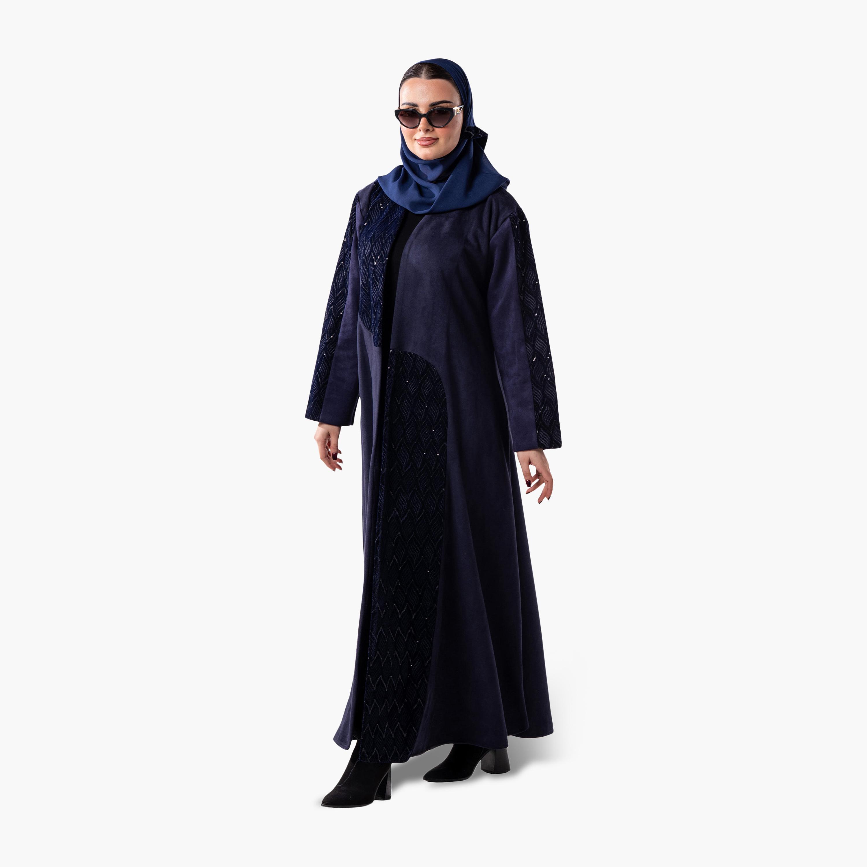 عباية سهرة نسائية مخملية بقصة واسعة وأكمام مطبوعة بلونين مع حجاب من زاهية - أزرق-women-arabicclothing-abayas-image-3