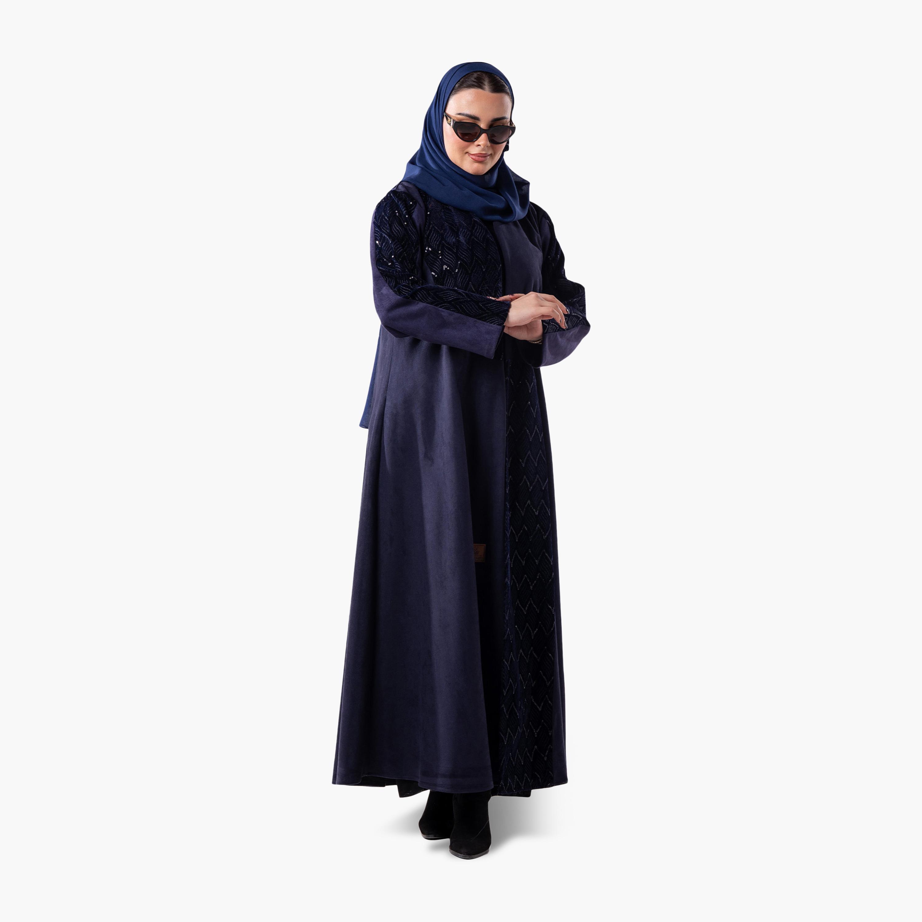 عباية سهرة نسائية مخملية بقصة واسعة وأكمام مطبوعة بلونين مع حجاب من زاهية - أزرق-women-arabicclothing-abayas-image-4