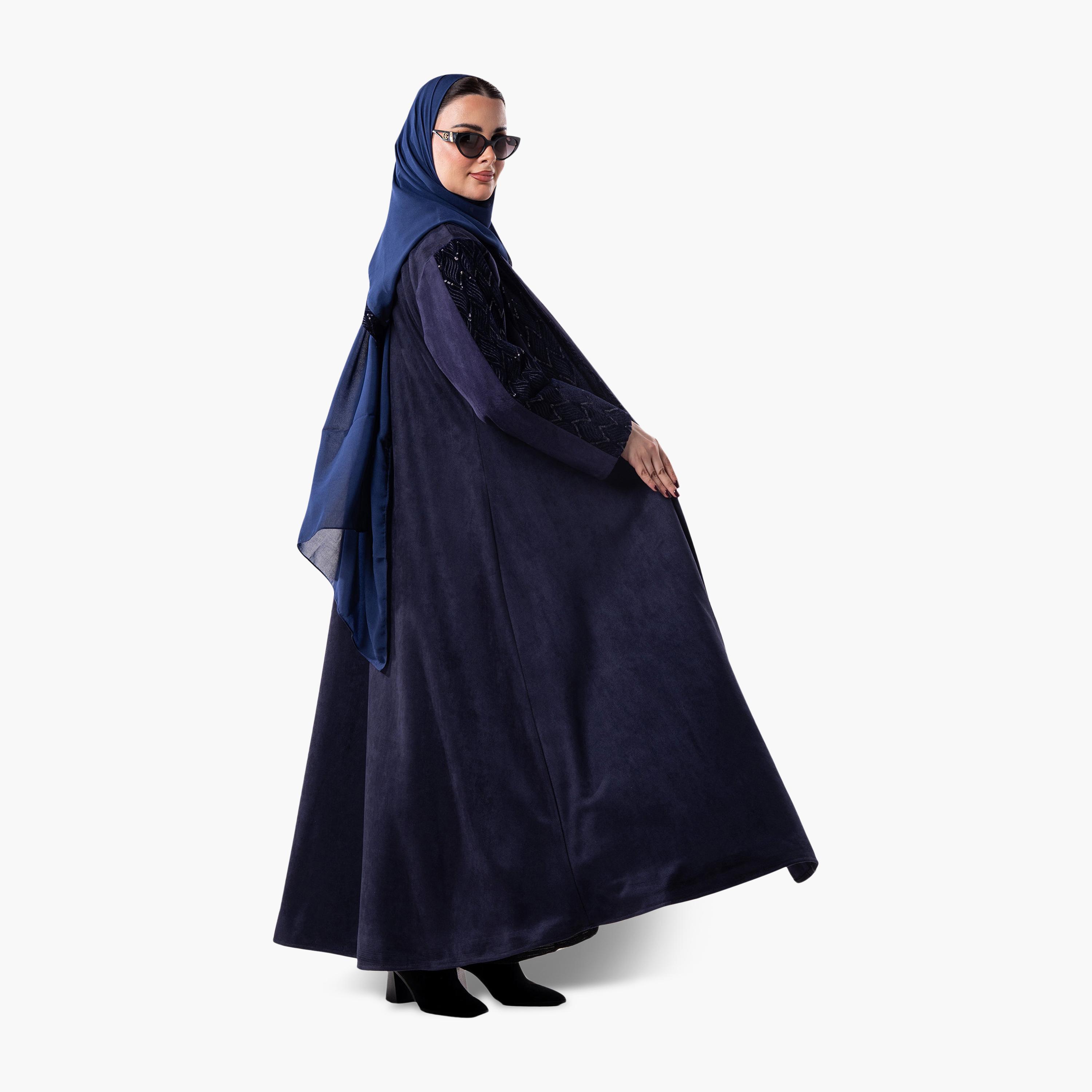 عباية سهرة نسائية مخملية بقصة واسعة وأكمام مطبوعة بلونين مع حجاب من زاهية - أزرق-women-arabicclothing-abayas-image-5