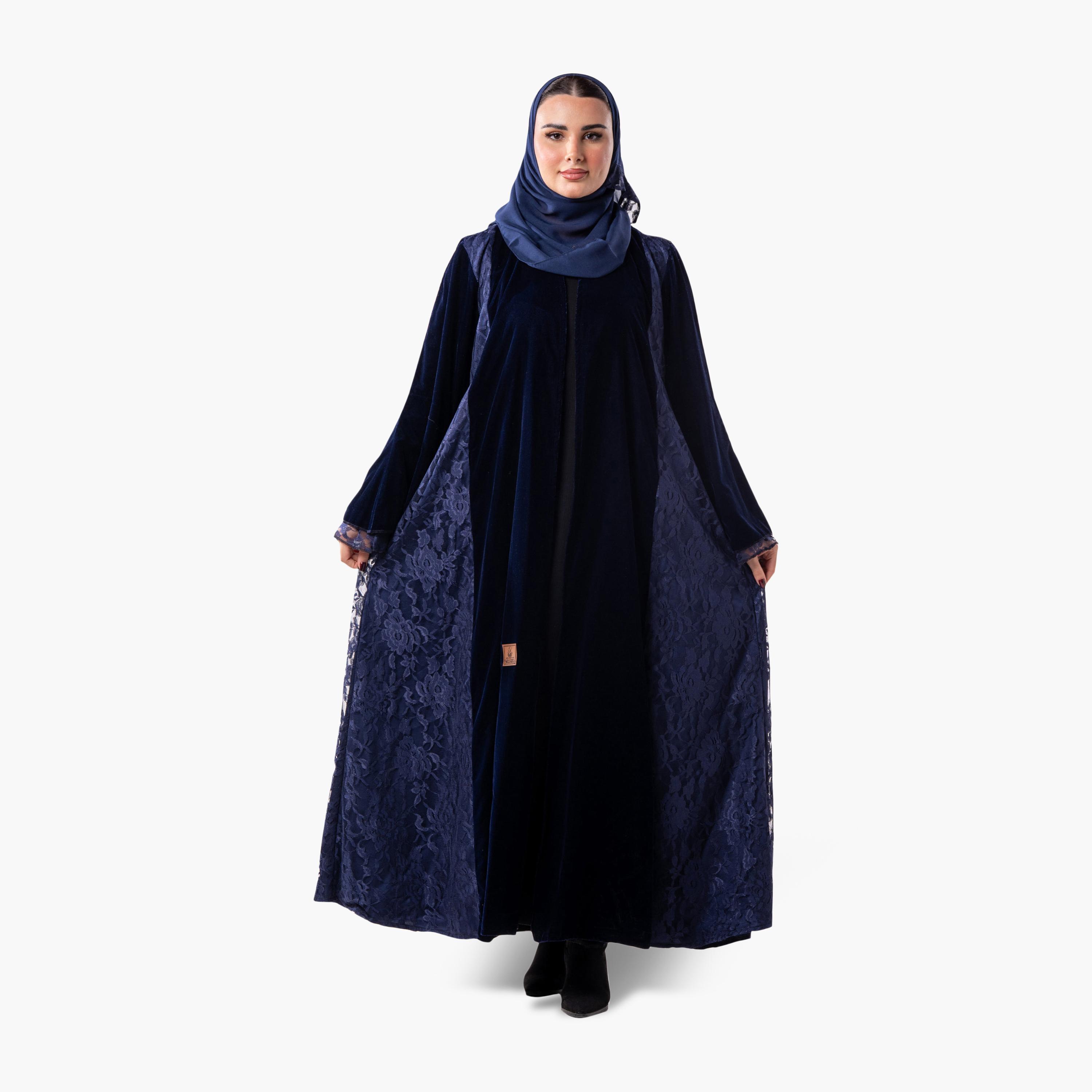 عباية سهرة نسائية مخملية وأكمام واسعة من الدانتيل بنقشة زهور بلونين مع حجاب من زاهية - أزرق-women-arabicclothing-abayas-image-1