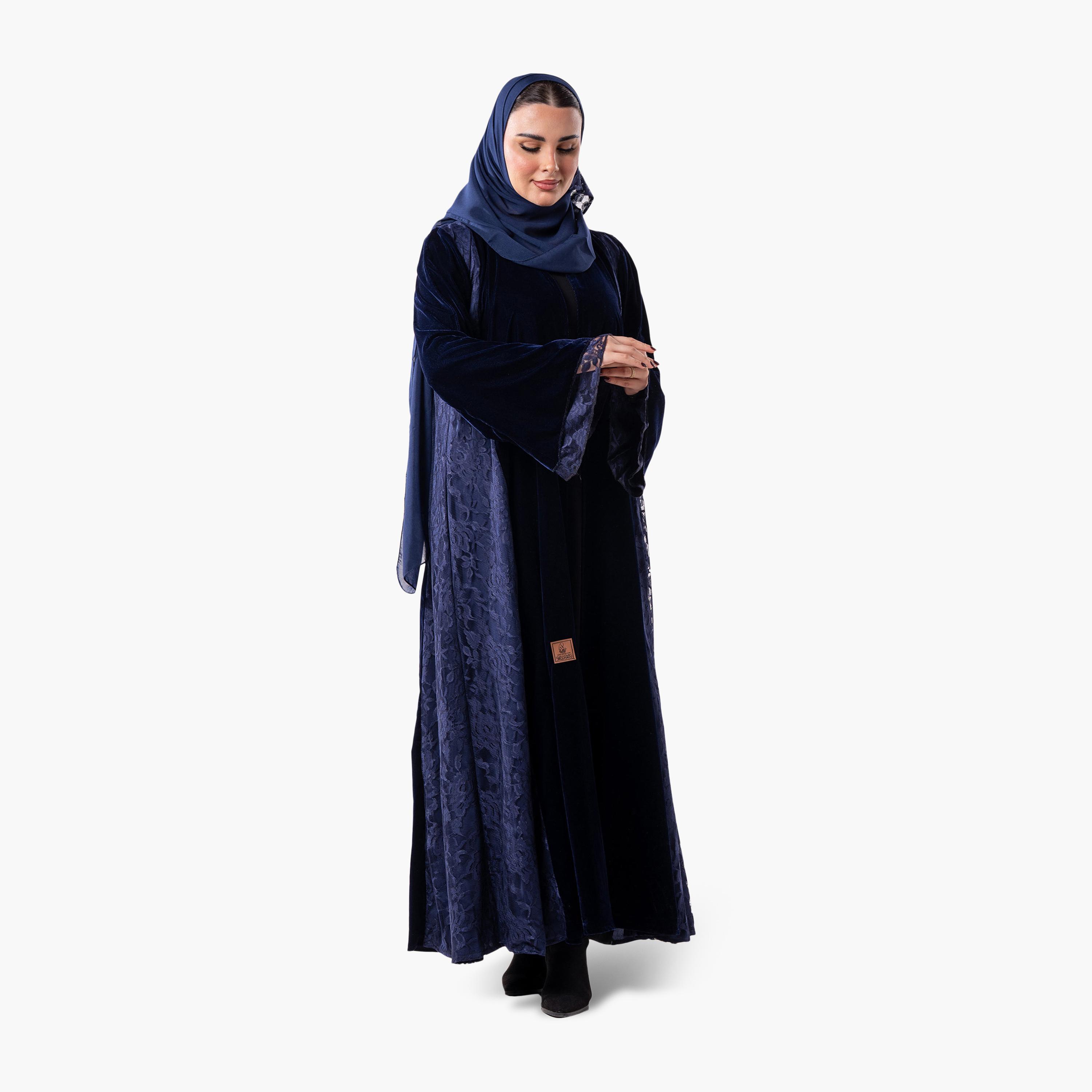 عباية سهرة نسائية مخملية وأكمام واسعة من الدانتيل بنقشة زهور بلونين مع حجاب من زاهية - أزرق-women-arabicclothing-abayas-image-2