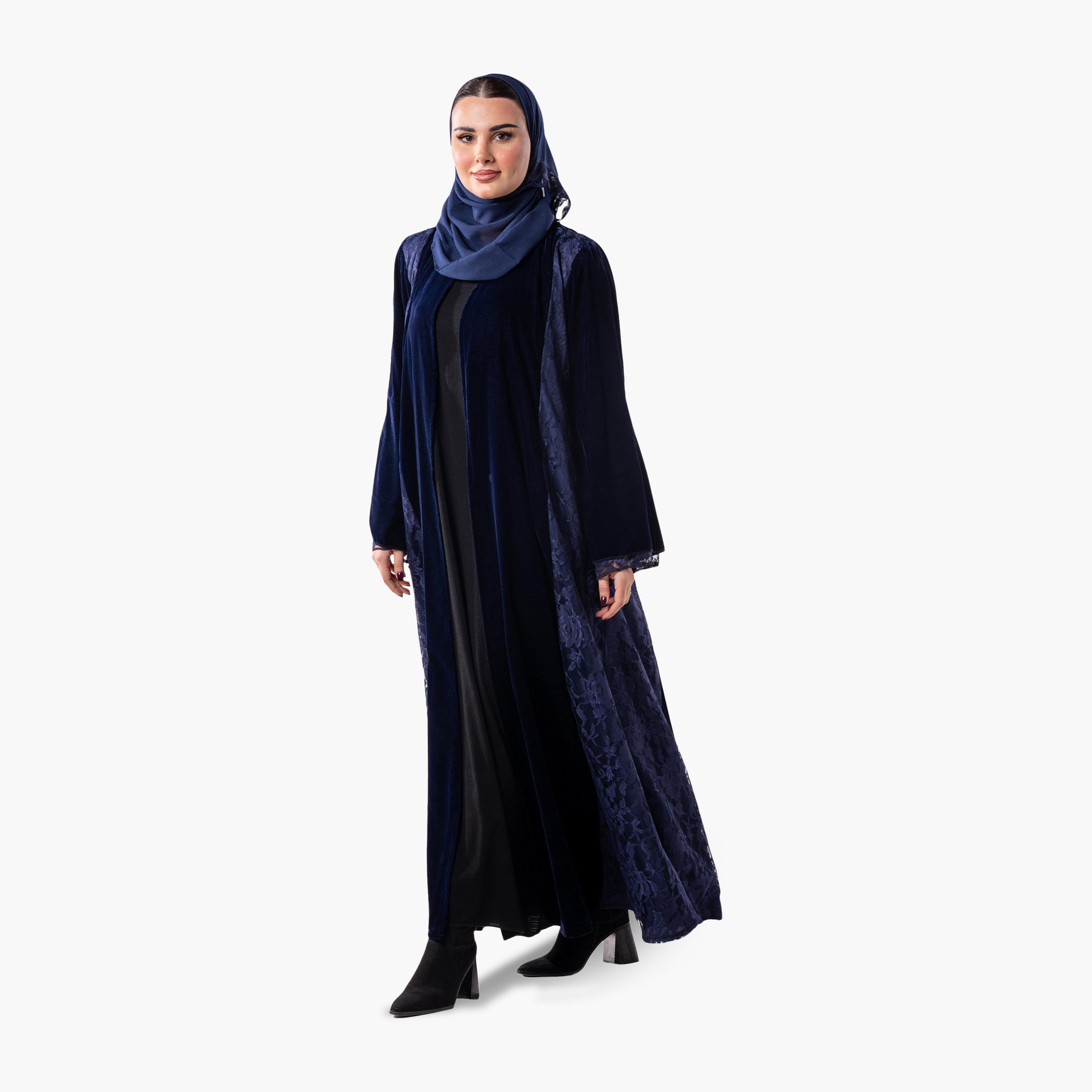 عباية سهرة نسائية مخملية وأكمام واسعة من الدانتيل بنقشة زهور بلونين مع حجاب من زاهية - أزرق-women-arabicclothing-abayas-image-3