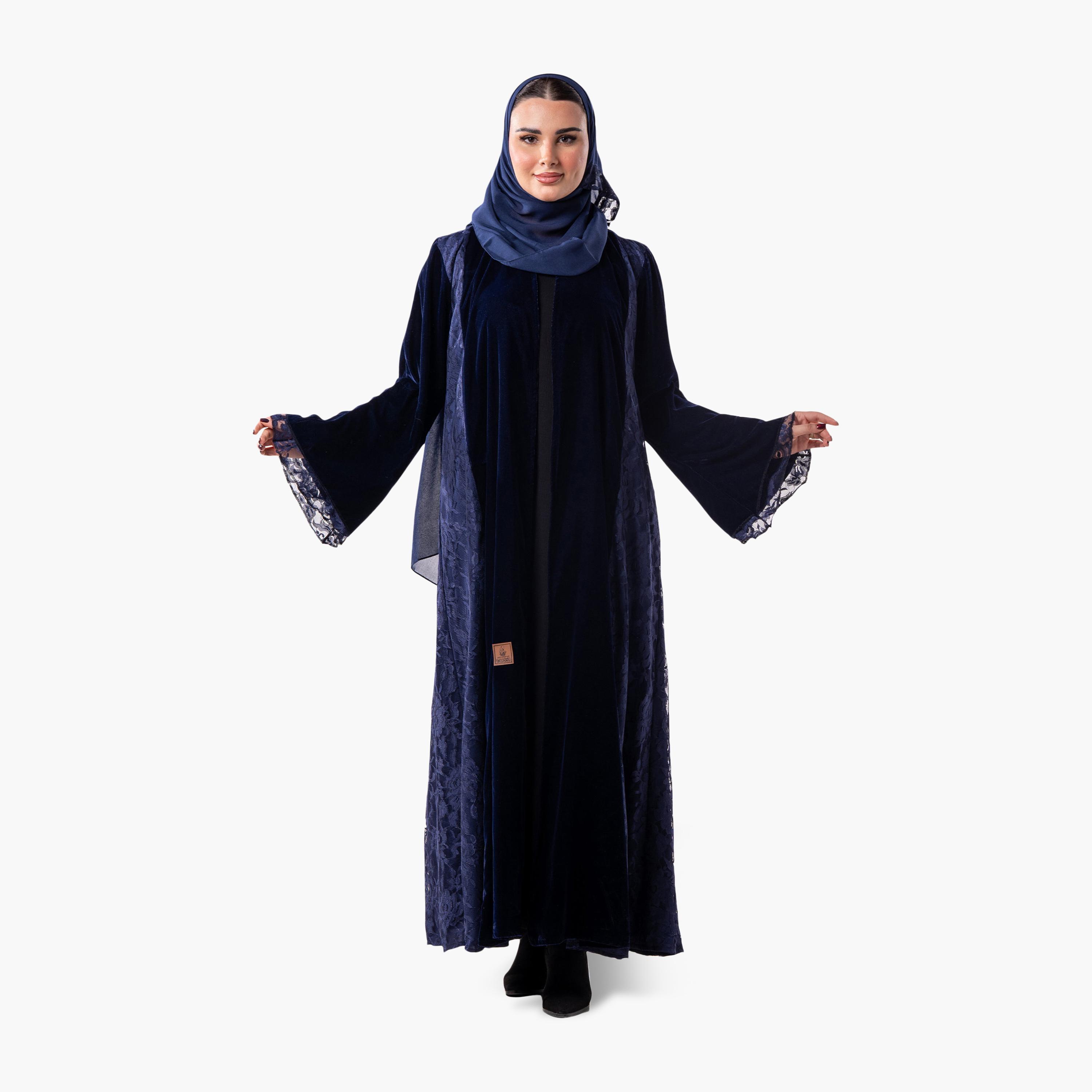 عباية سهرة نسائية مخملية وأكمام واسعة من الدانتيل بنقشة زهور بلونين مع حجاب من زاهية - أزرق-women-arabicclothing-abayas-image-4