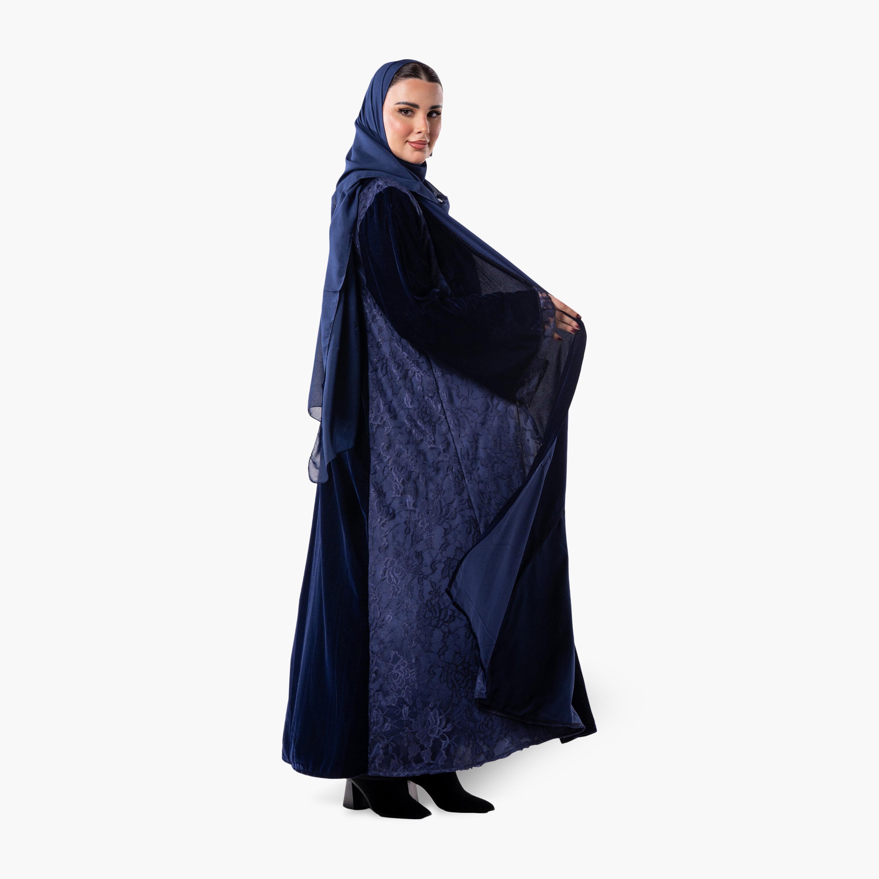 عباية سهرة نسائية مخملية وأكمام واسعة من الدانتيل بنقشة زهور بلونين مع حجاب من زاهية - أزرق-women-arabicclothing-abayas-image-5