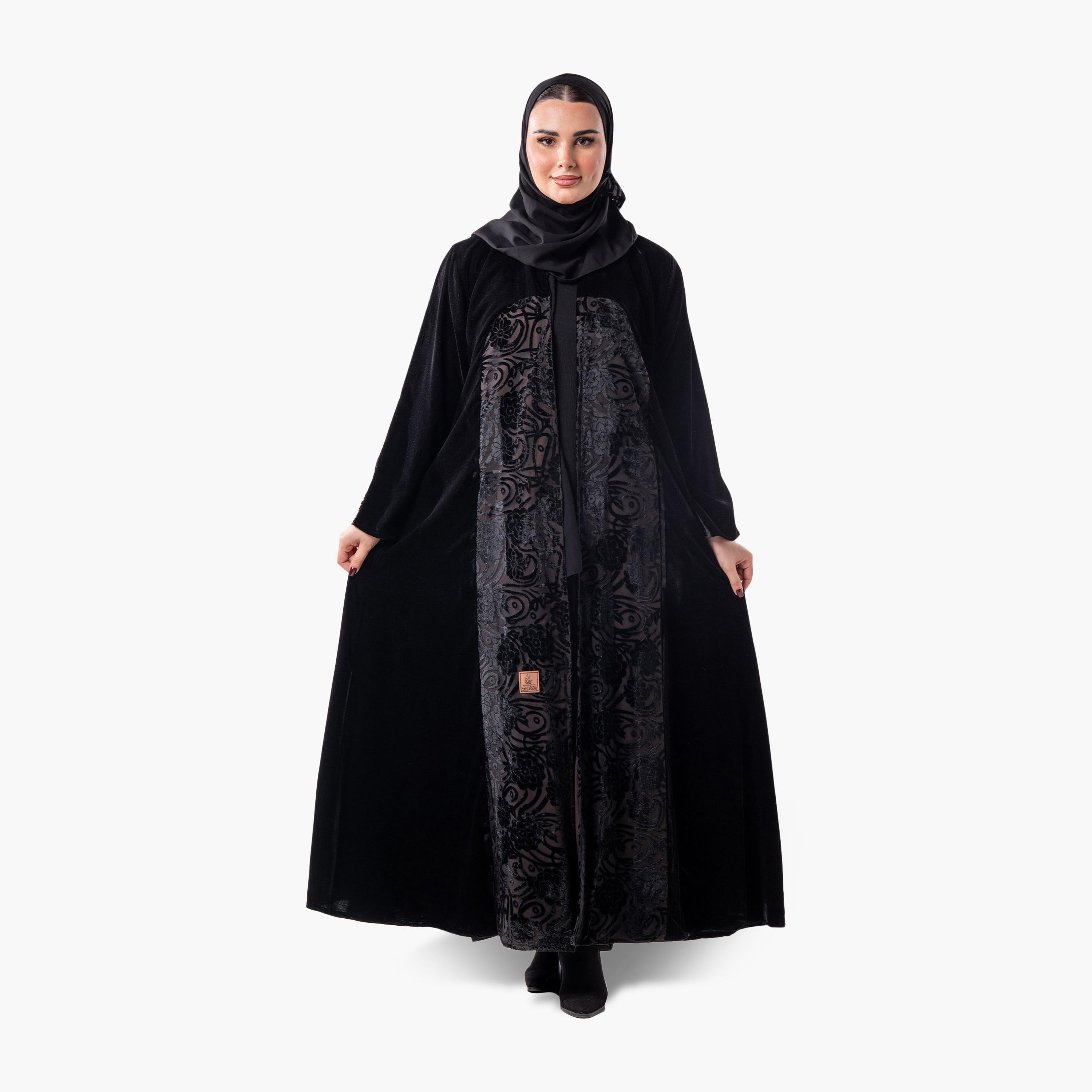 عباية سهرة نسائية مخملية بقصة واسعة بنقشة زهور مع حجاب من زاهية - أسود-women-arabicclothing-abayas-image-1