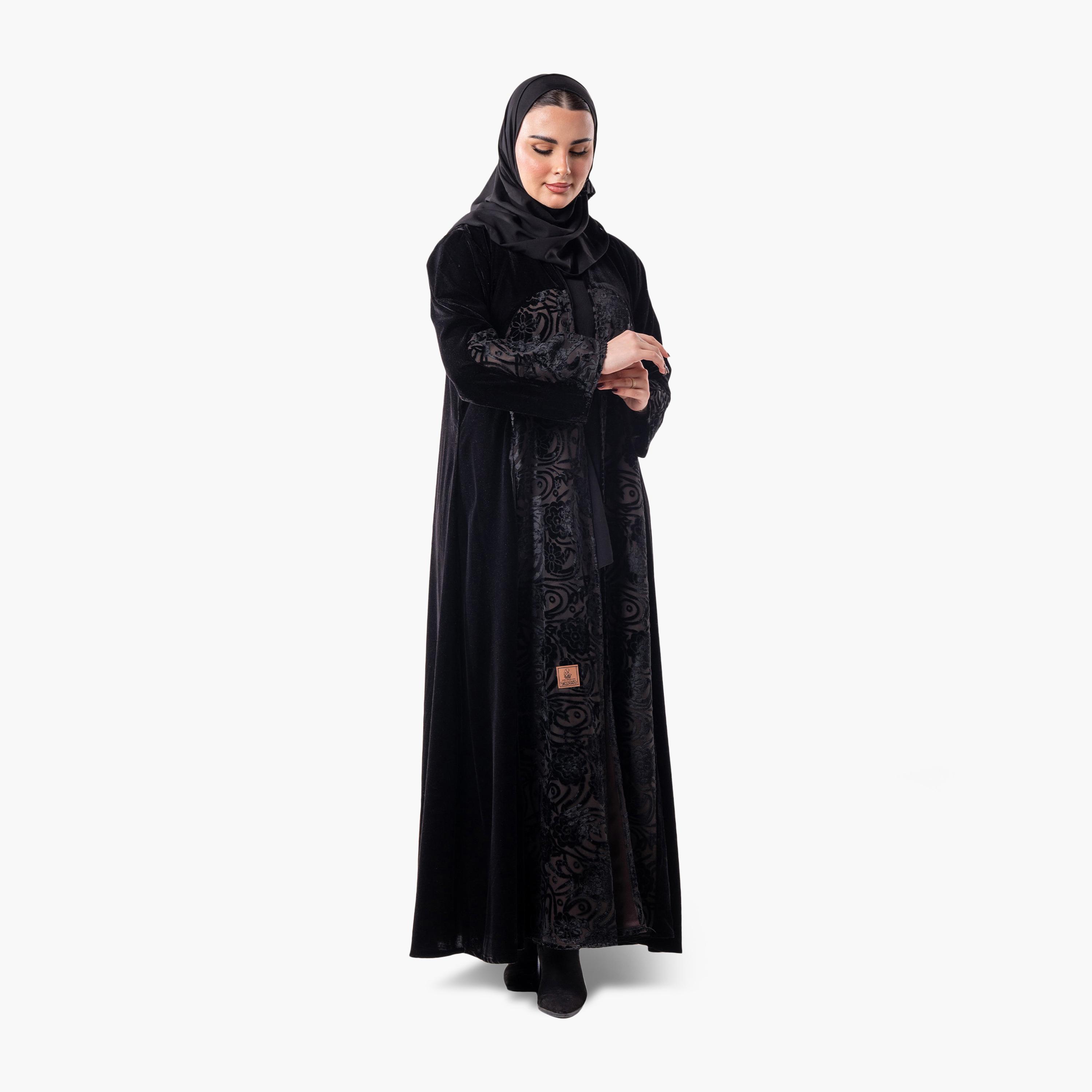 عباية سهرة نسائية مخملية بقصة واسعة بنقشة زهور مع حجاب من زاهية - أسود-women-arabicclothing-abayas-image-2