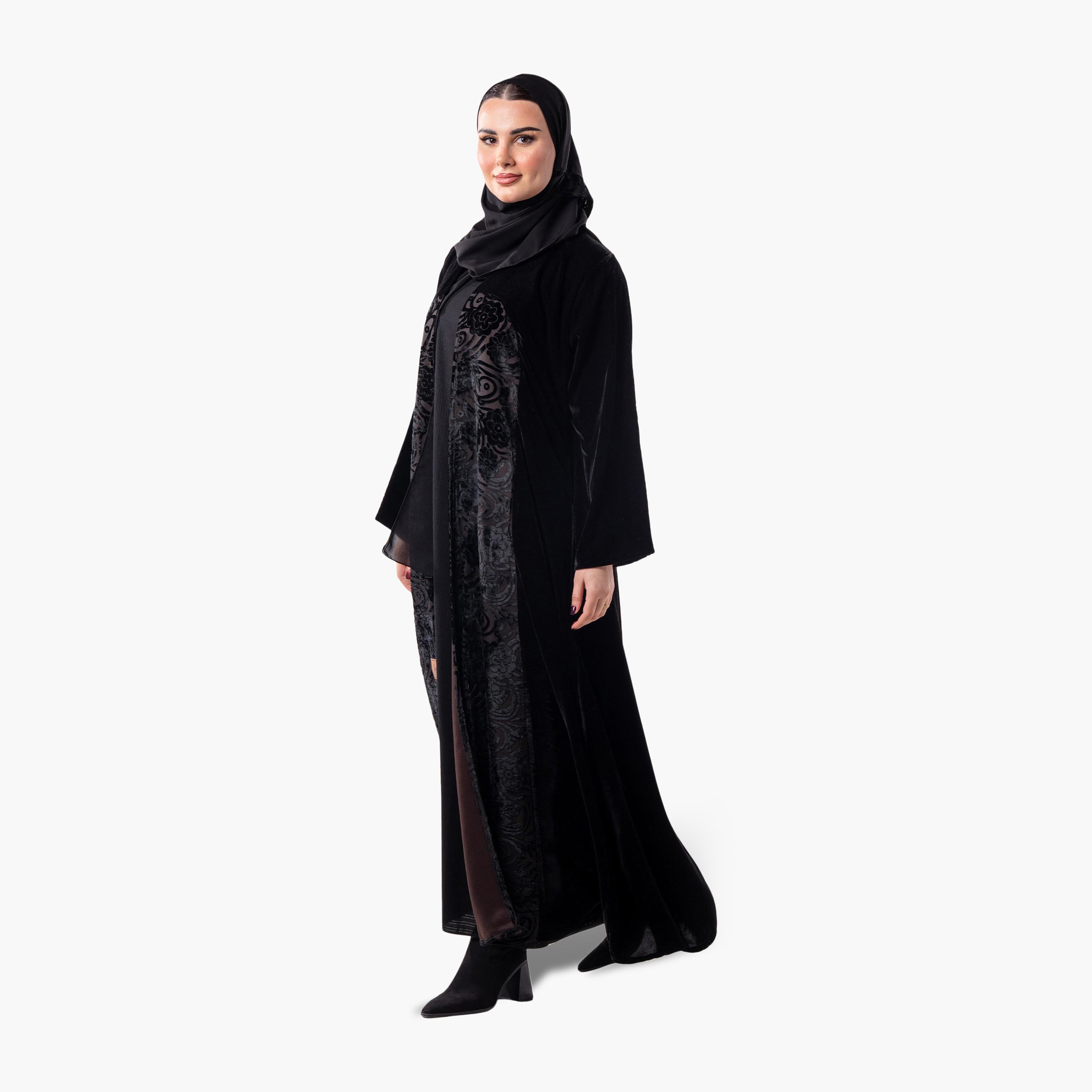 عباية سهرة نسائية مخملية بقصة واسعة بنقشة زهور مع حجاب من زاهية - أسود-women-arabicclothing-abayas-image-3