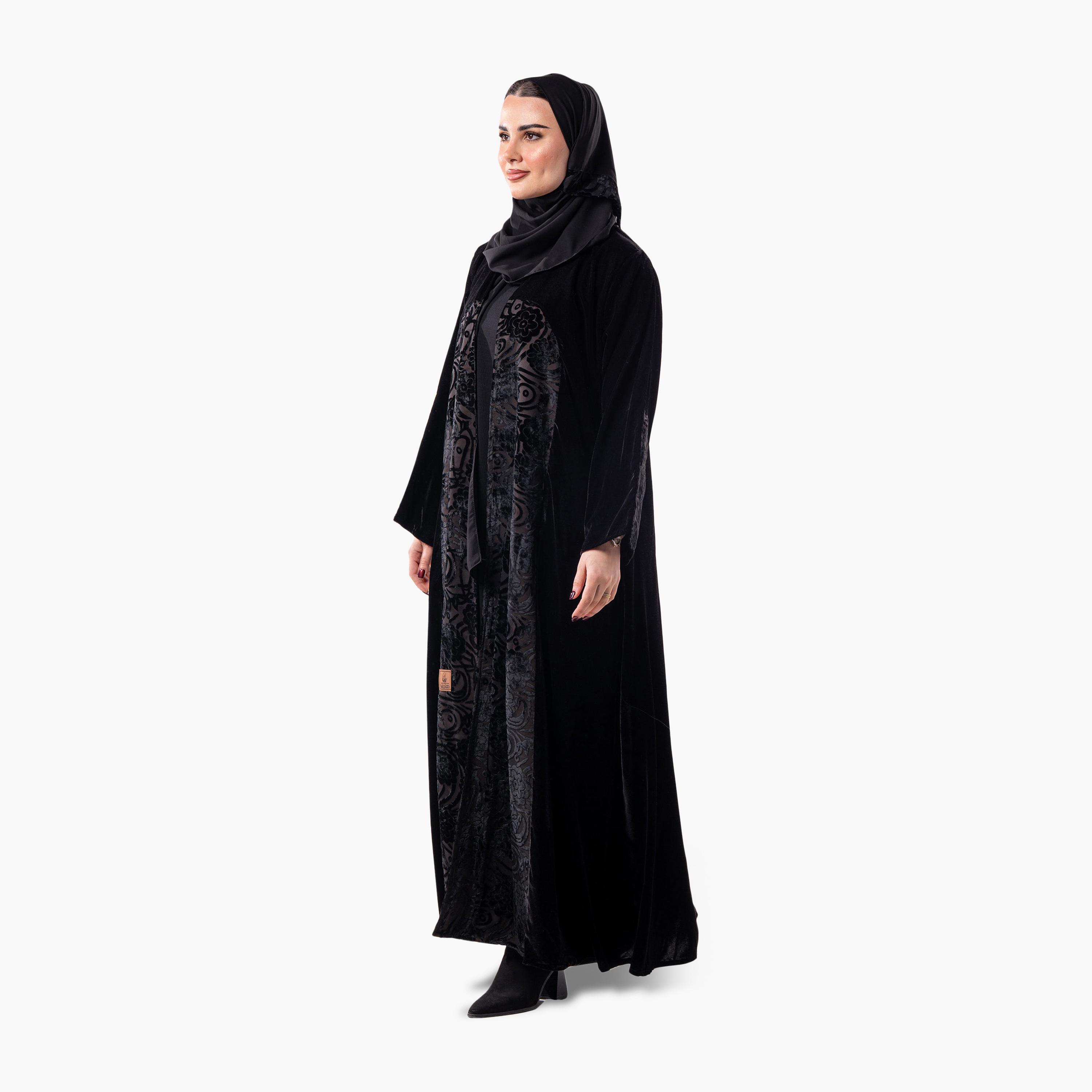 عباية سهرة نسائية مخملية بقصة واسعة بنقشة زهور مع حجاب من زاهية - أسود-women-arabicclothing-abayas-image-4