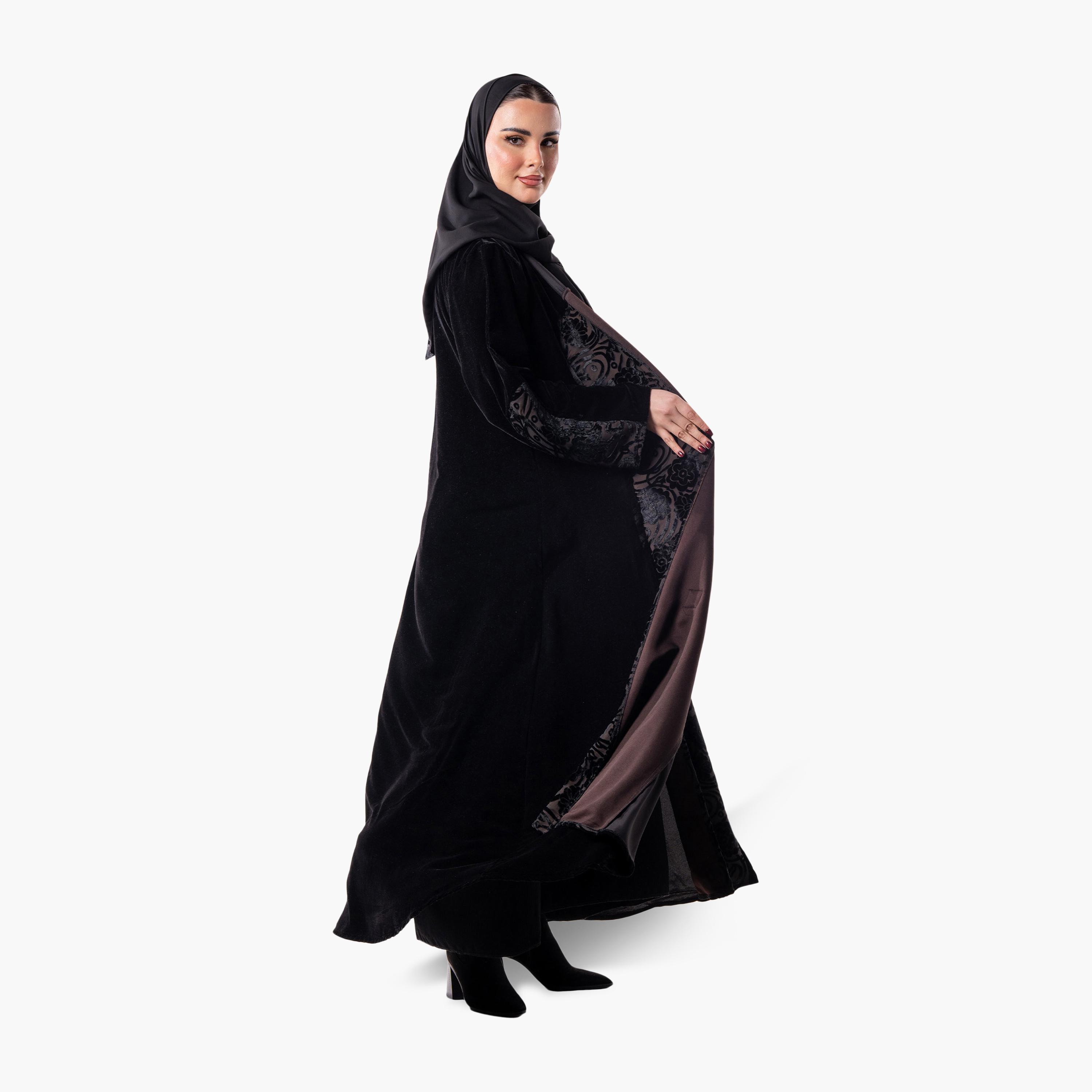 عباية سهرة نسائية مخملية بقصة واسعة بنقشة زهور مع حجاب من زاهية - أسود-women-arabicclothing-abayas-image-5
