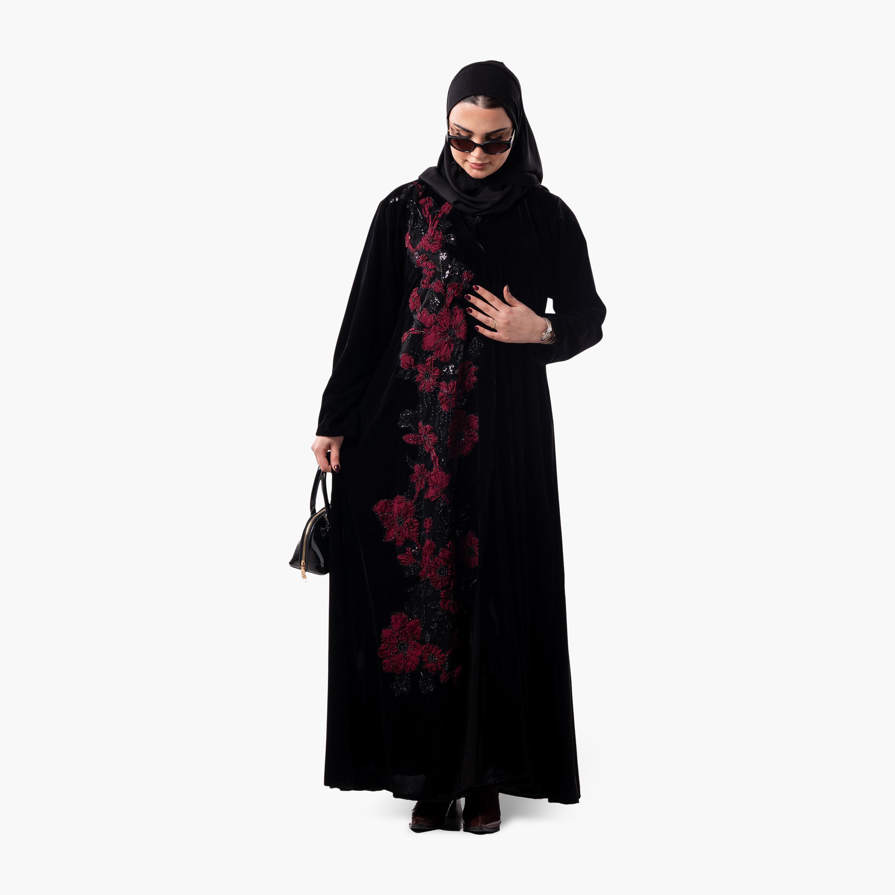 عباية سهرة نسائية مخملية بقصة واسعة مع زينة زهور بارزة (أبليك) مع حجاب من زاهية - أسود-women-arabicclothing-abayas-image-4