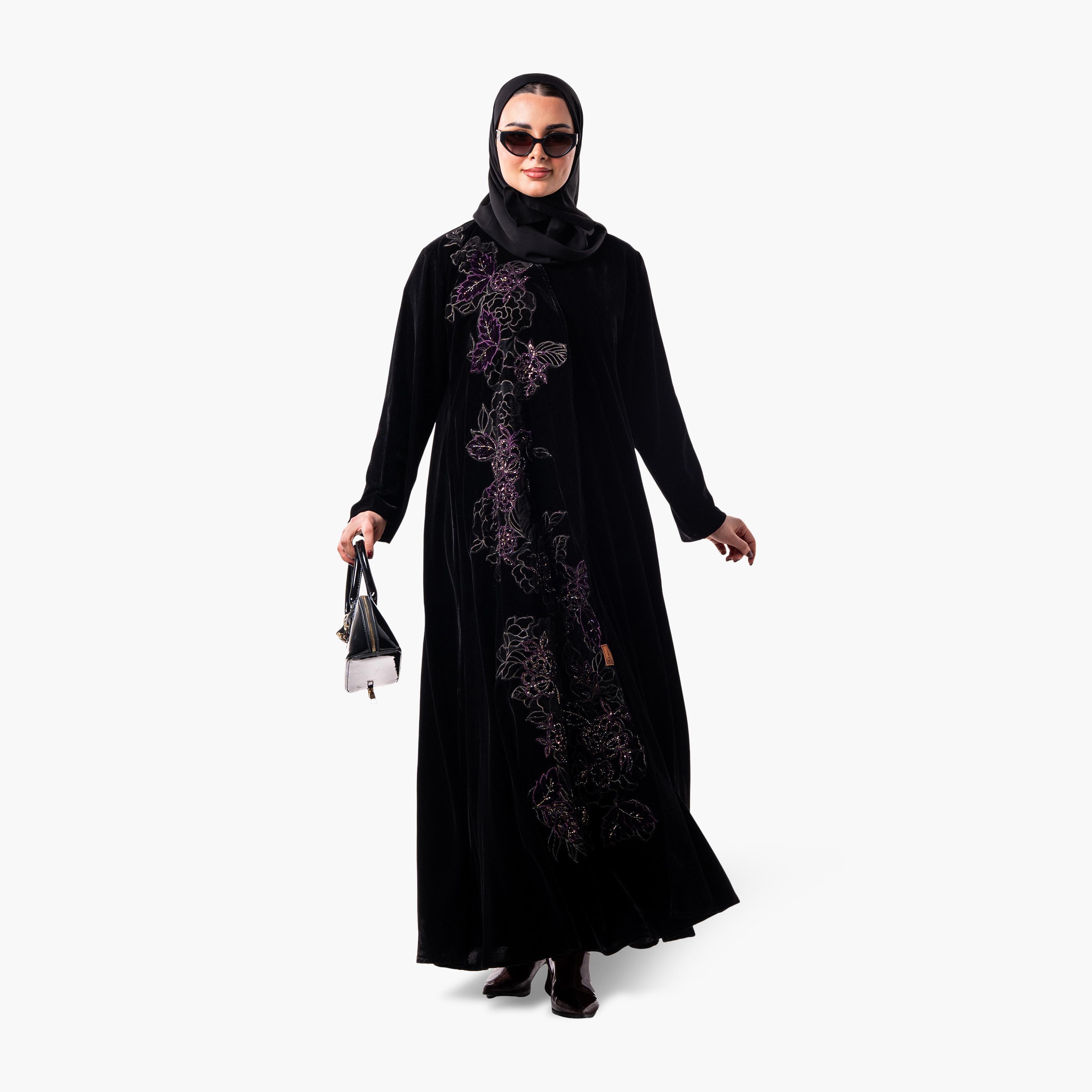 عباية سهرة نسائية مخملية بقصة واسعة ومطرزة بالزهور مع حجاب من زاهية - أسود-women-arabicclothing-abayas-image-1