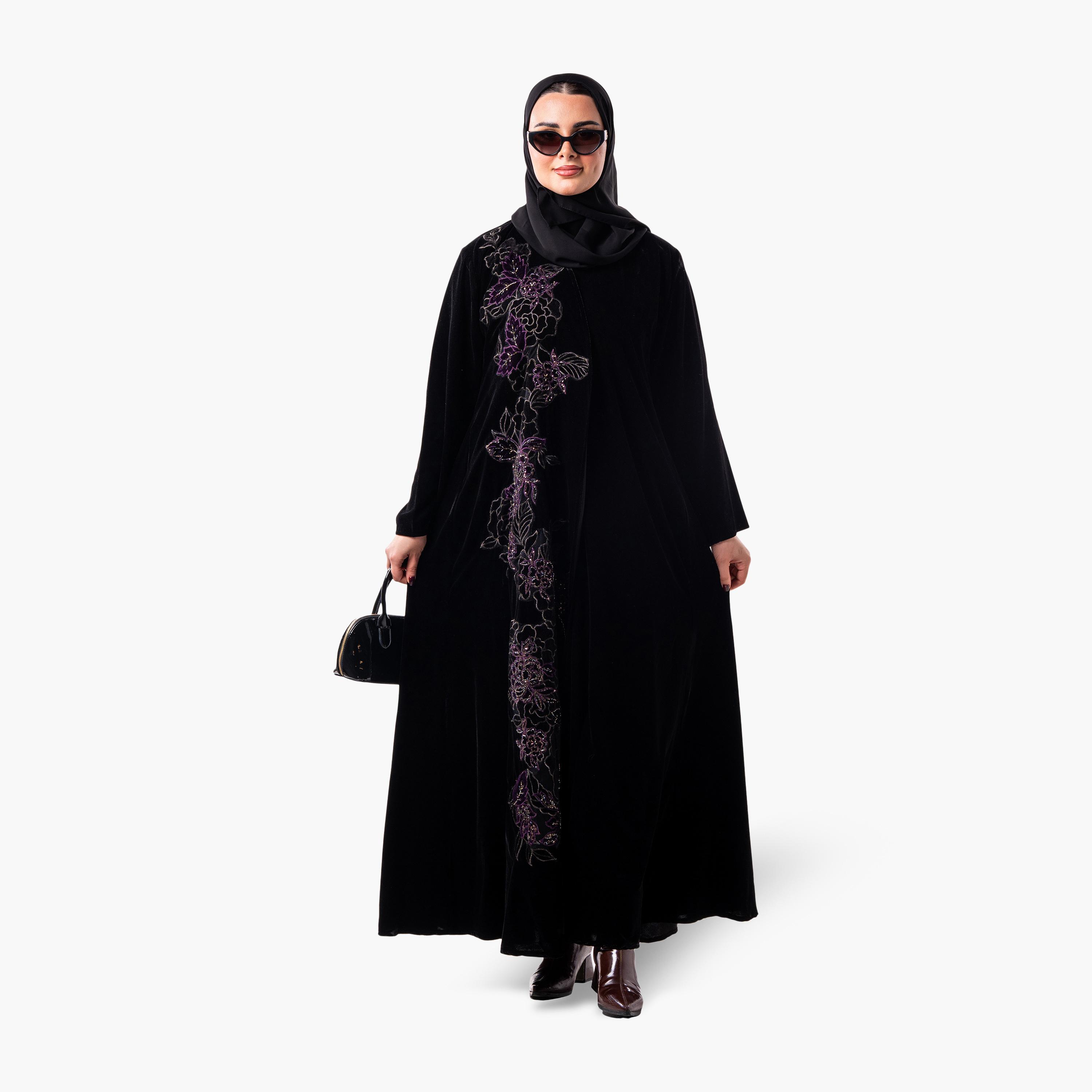 عباية سهرة نسائية مخملية بقصة واسعة ومطرزة بالزهور مع حجاب من زاهية - أسود-women-arabicclothing-abayas-image-2