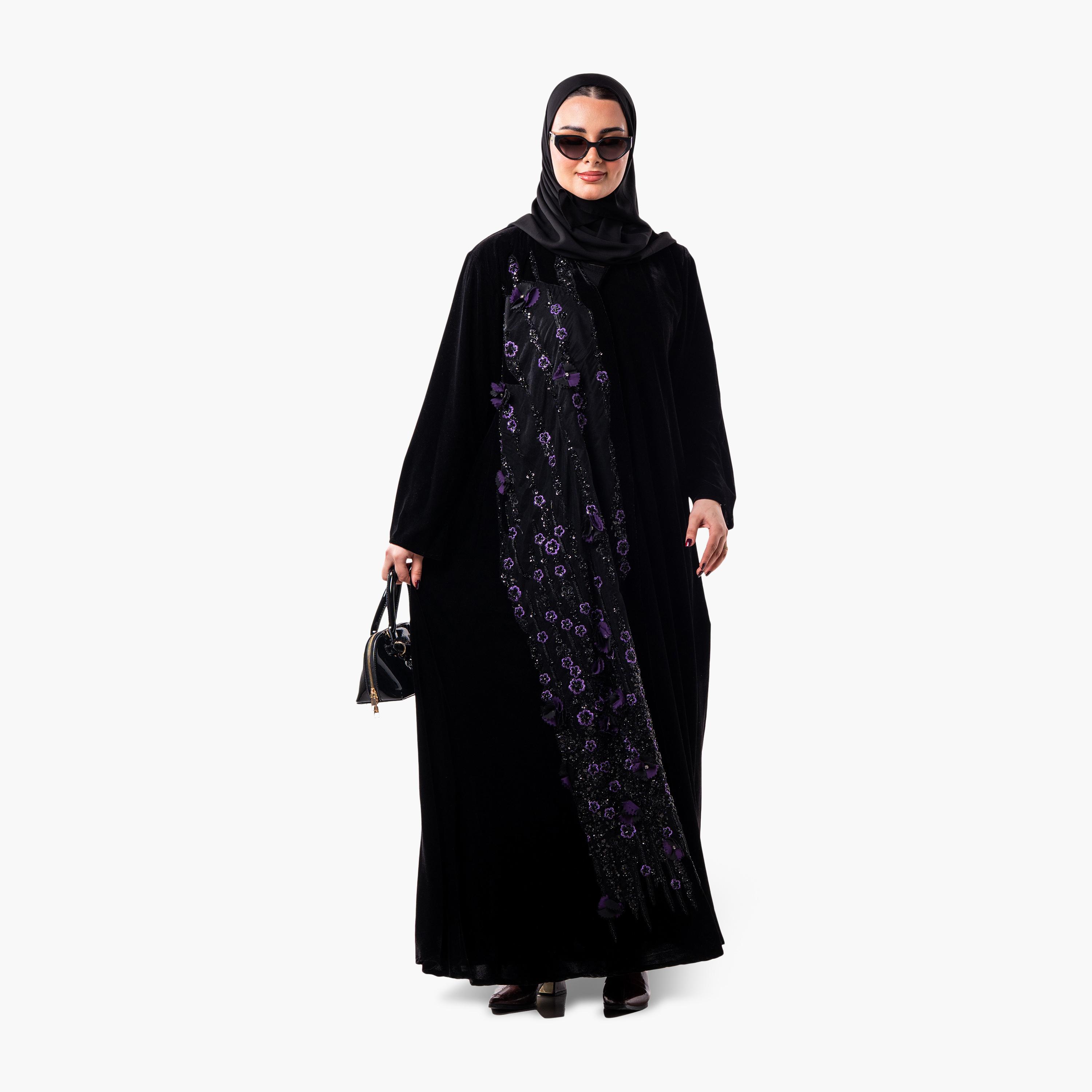 عباية سهرة نسائية مخملية بقصة واسعة ومطرزة ومزينة بالخرز مع حجاب من زاهية - أسود-women-arabicclothing-abayas-image-3