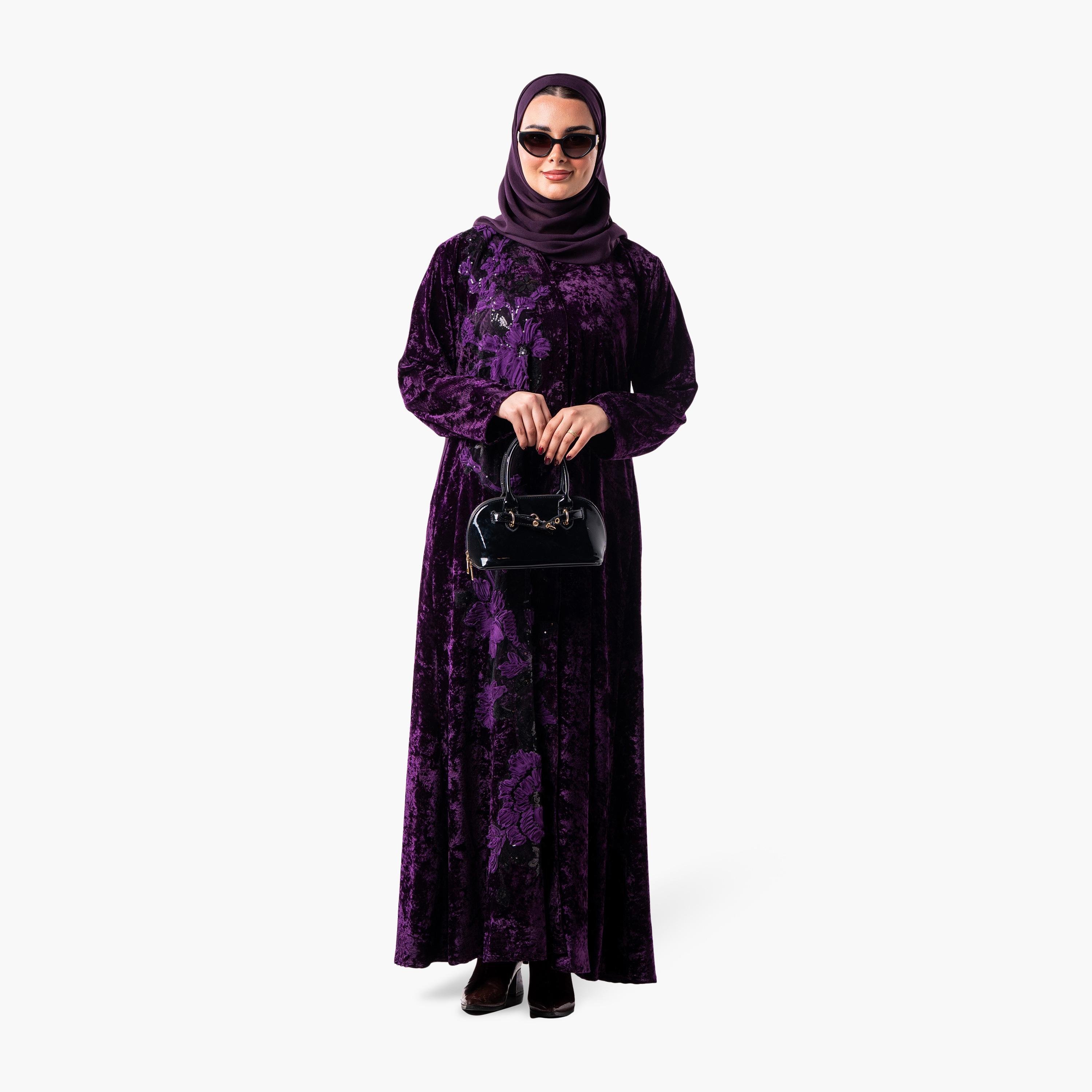 عباية سهرة نسائية بقصة واسعة مع زينة زهور بارزة (أبليك) مع حجاب من زاهية - أرجواني-women-arabicclothing-abayas-image-1