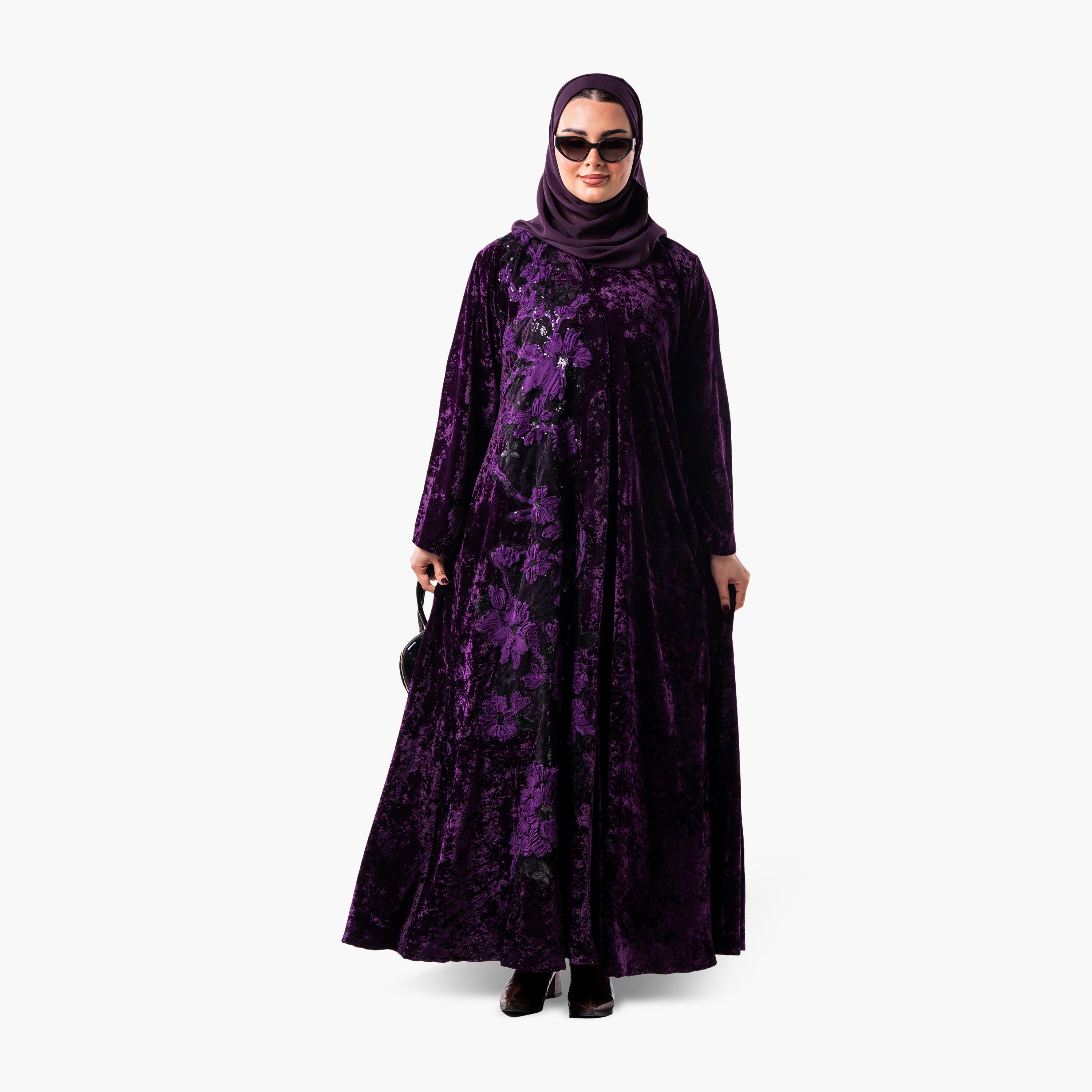 عباية سهرة نسائية بقصة واسعة مع زينة زهور بارزة (أبليك) مع حجاب من زاهية - أرجواني-women-arabicclothing-abayas-image-2