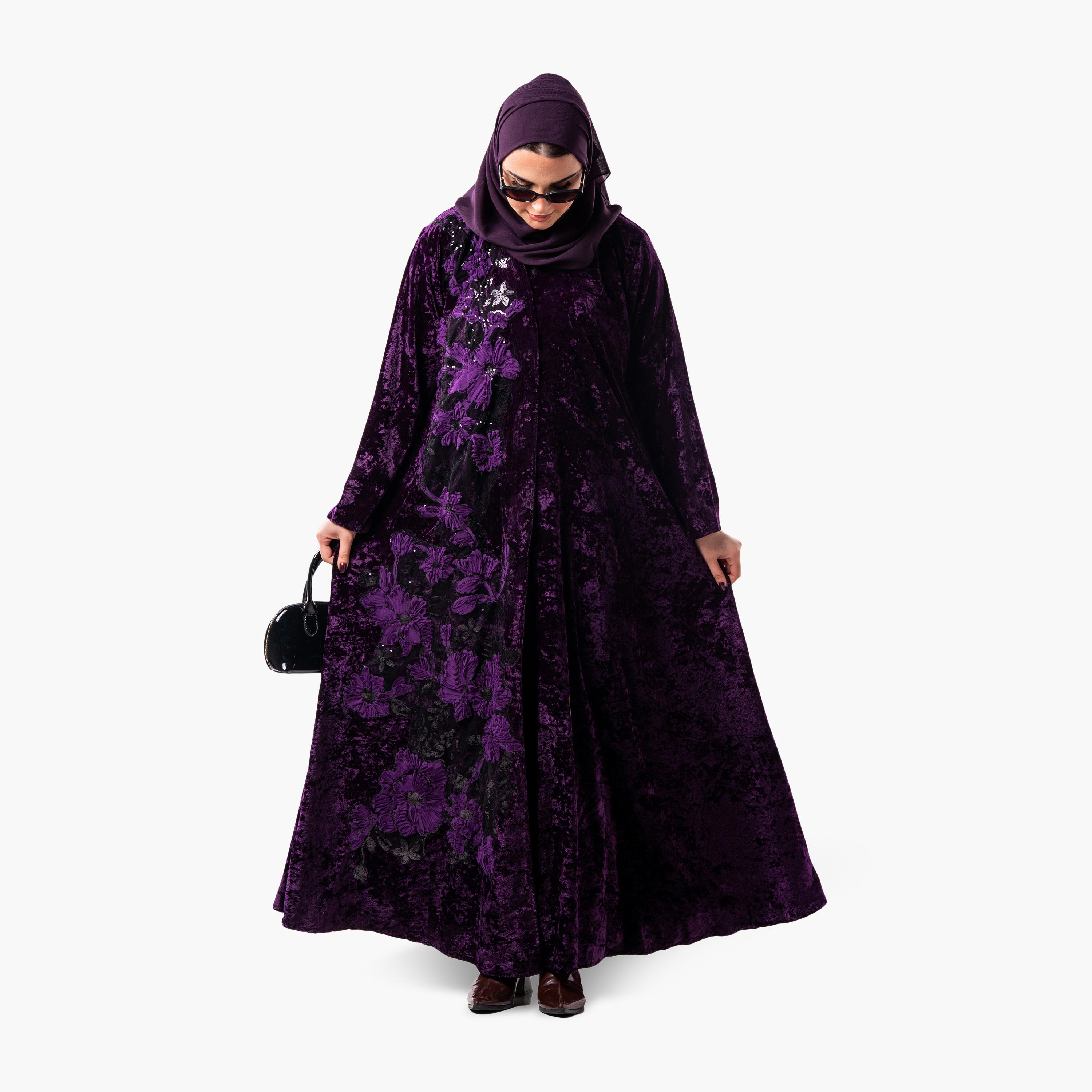 عباية سهرة نسائية بقصة واسعة مع زينة زهور بارزة (أبليك) مع حجاب من زاهية - أرجواني-women-arabicclothing-abayas-image-3