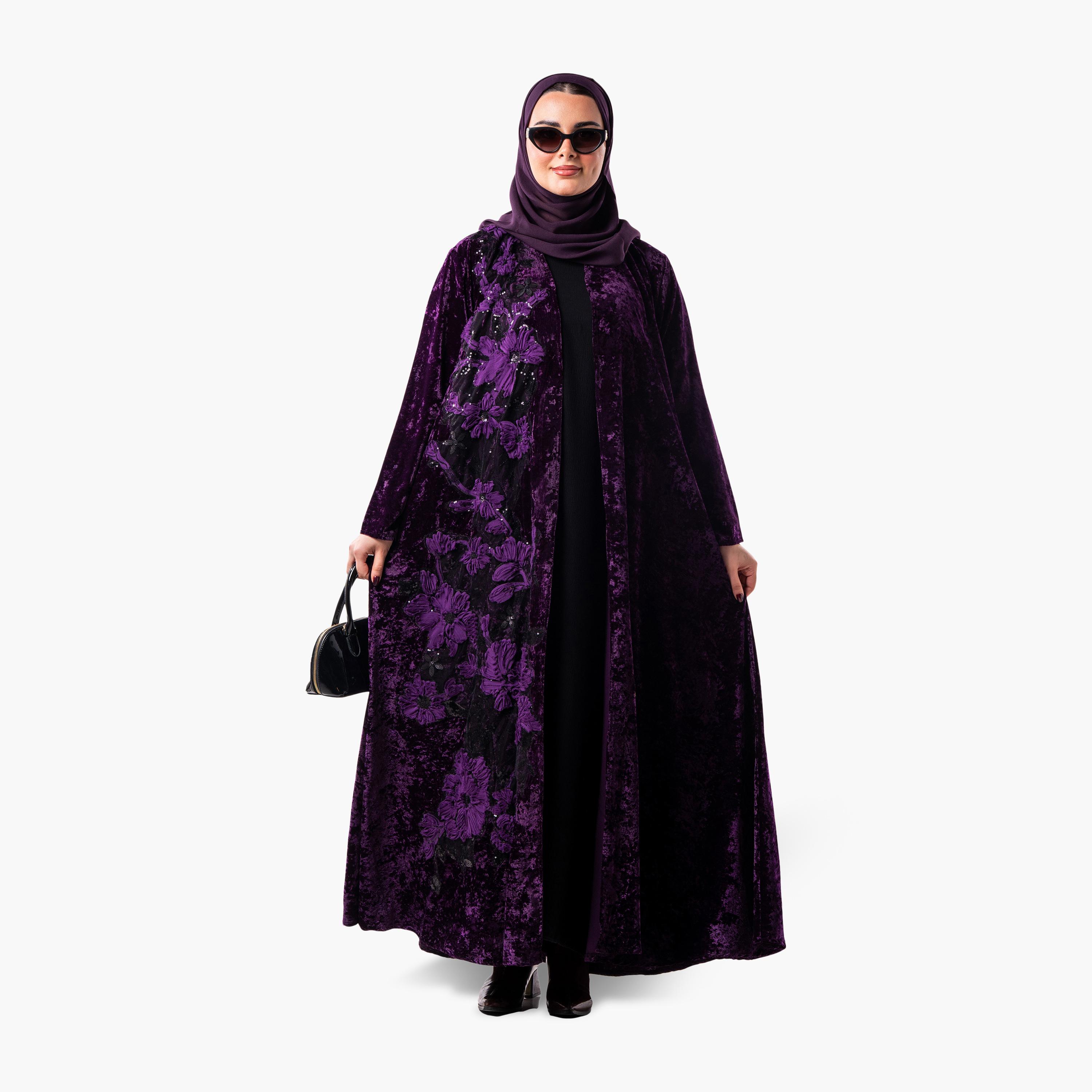 عباية سهرة نسائية بقصة واسعة مع زينة زهور بارزة (أبليك) مع حجاب من زاهية - أرجواني-women-arabicclothing-abayas-image-4