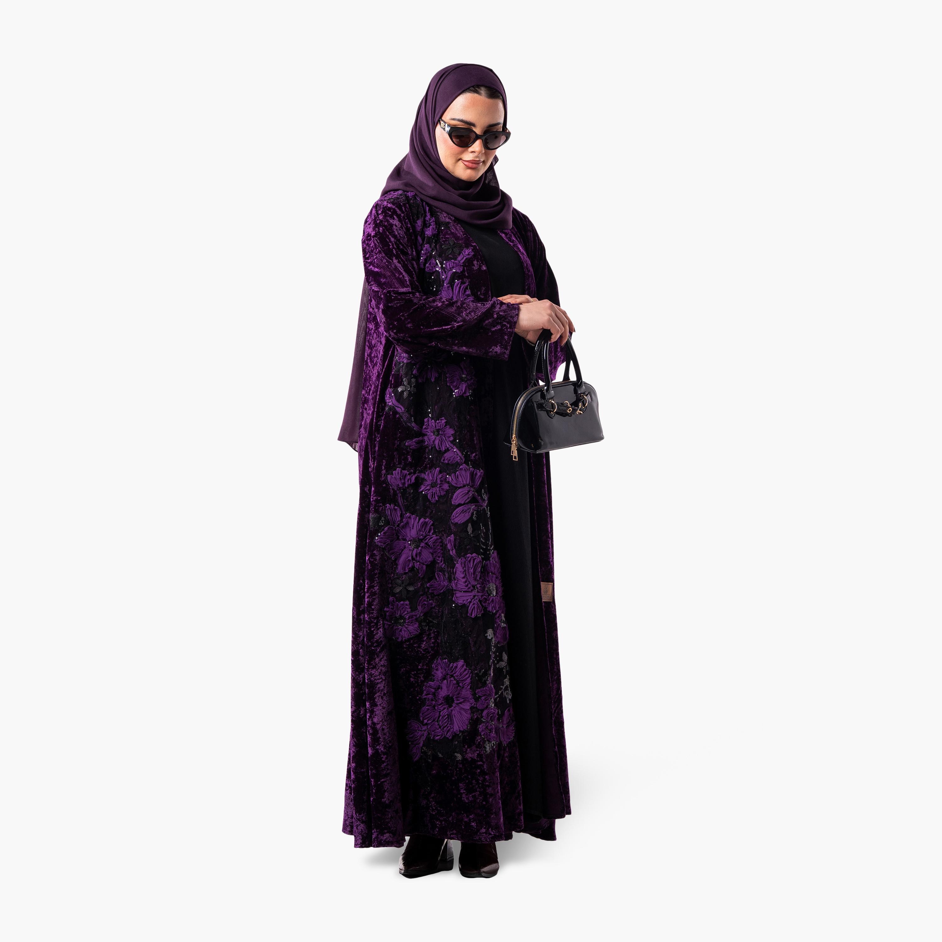 عباية سهرة نسائية بقصة واسعة مع زينة زهور بارزة (أبليك) مع حجاب من زاهية - أرجواني-women-arabicclothing-abayas-image-5