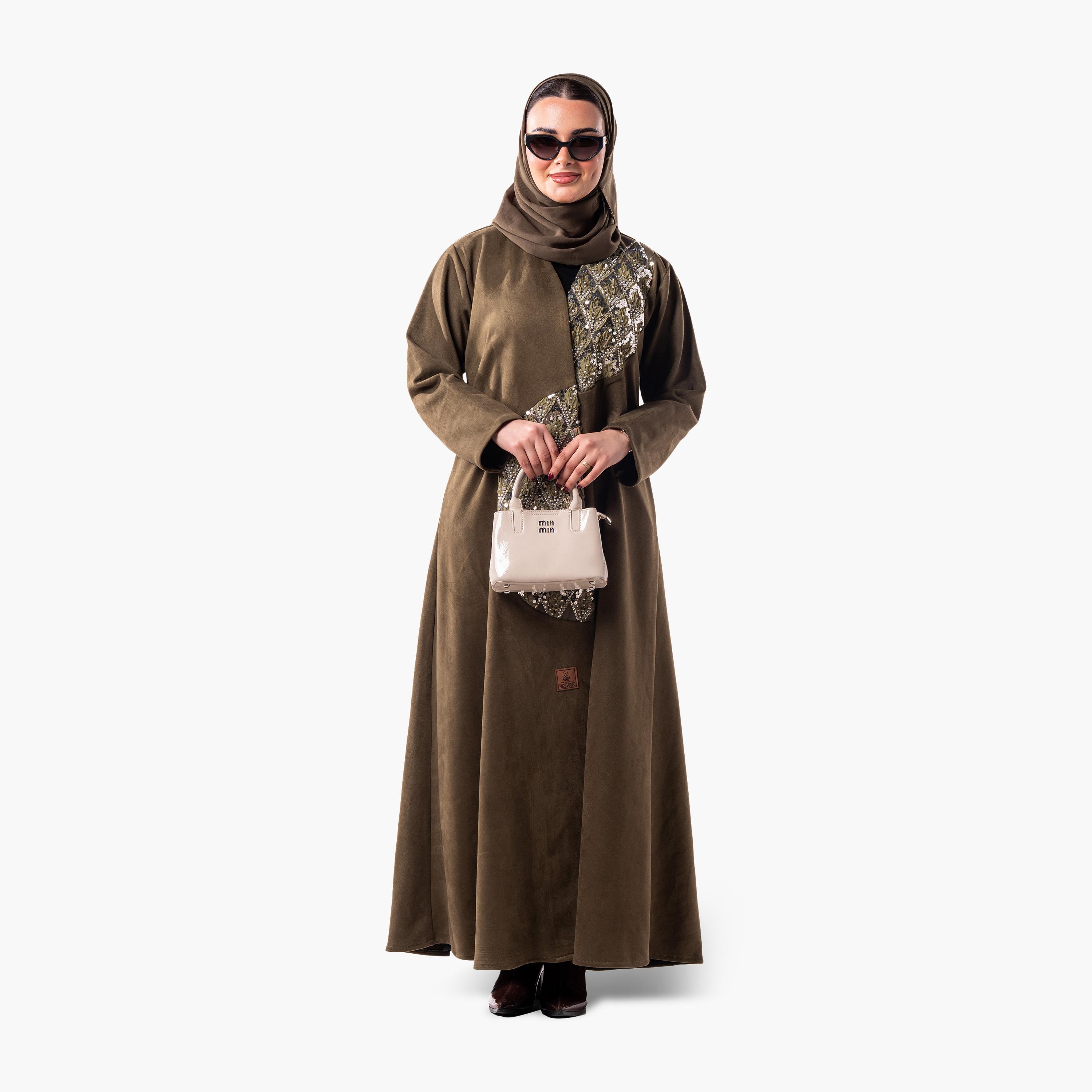 Zahiyh Olive Geometric Embroidered Women's Evening Flared Abaya with Hijab-women-arabicclothing-abayas-image-1