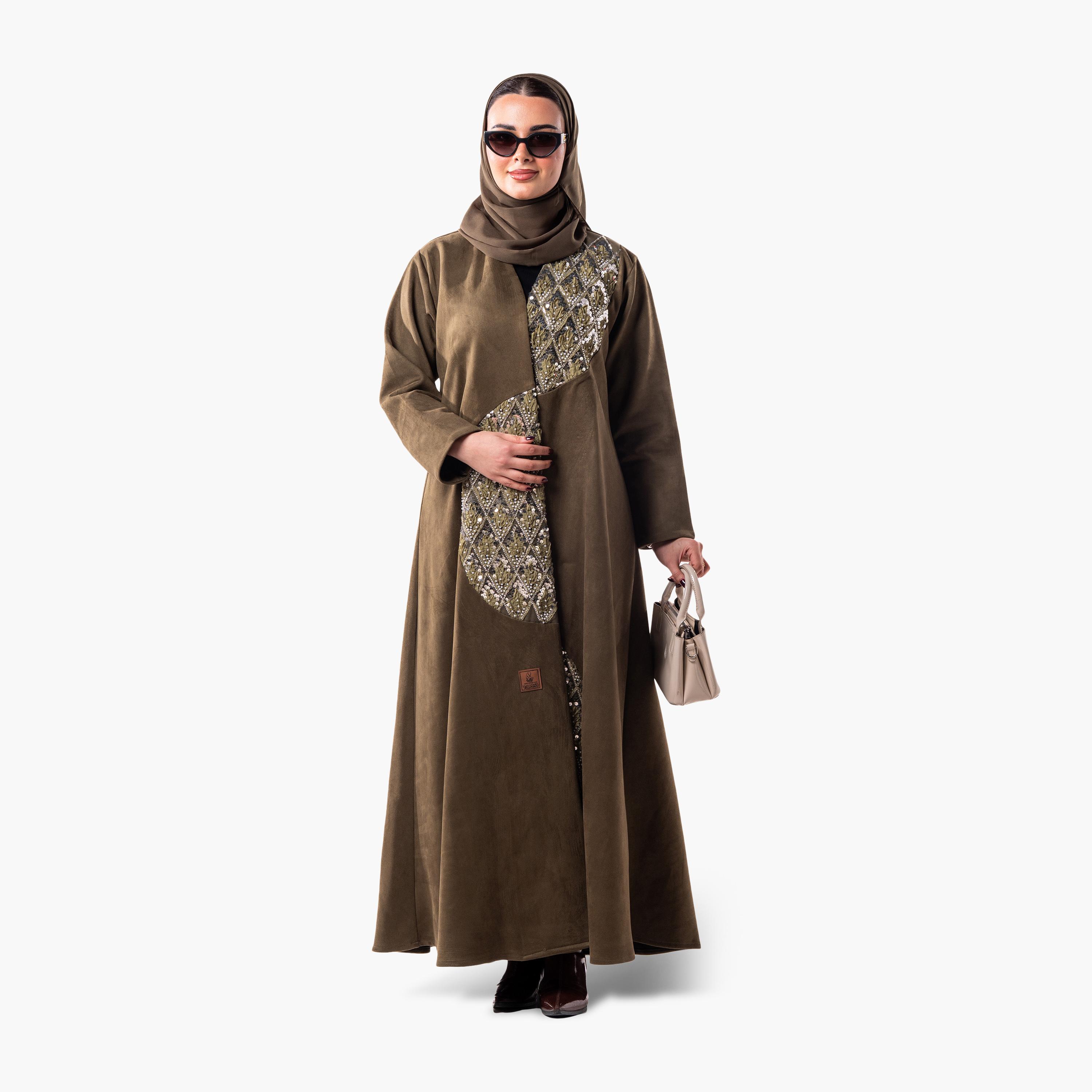 Zahiyh Olive Geometric Embroidered Women's Evening Flared Abaya with Hijab-women-arabicclothing-abayas-image-2