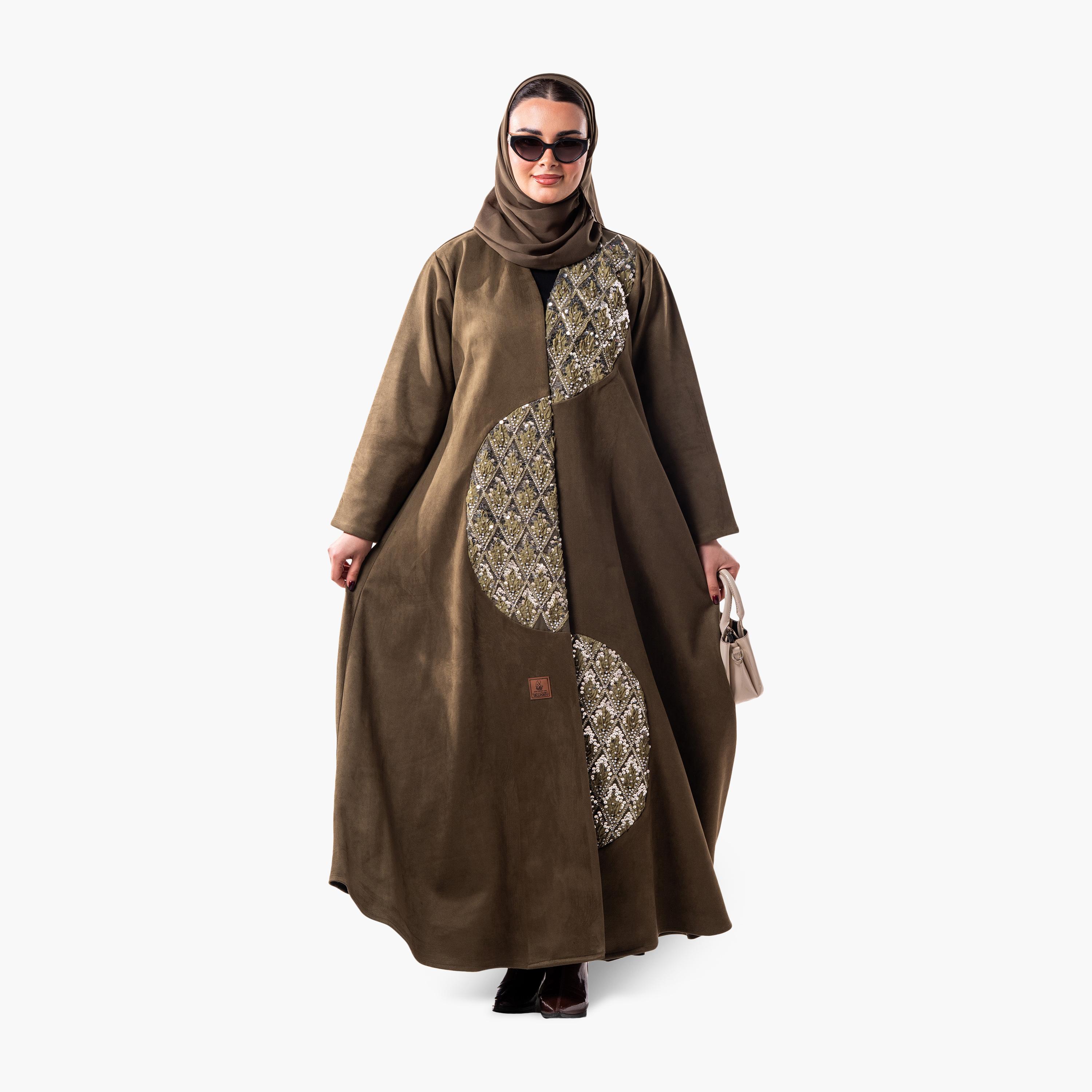Zahiyh Olive Geometric Embroidered Women's Evening Flared Abaya with Hijab-women-arabicclothing-abayas-image-3