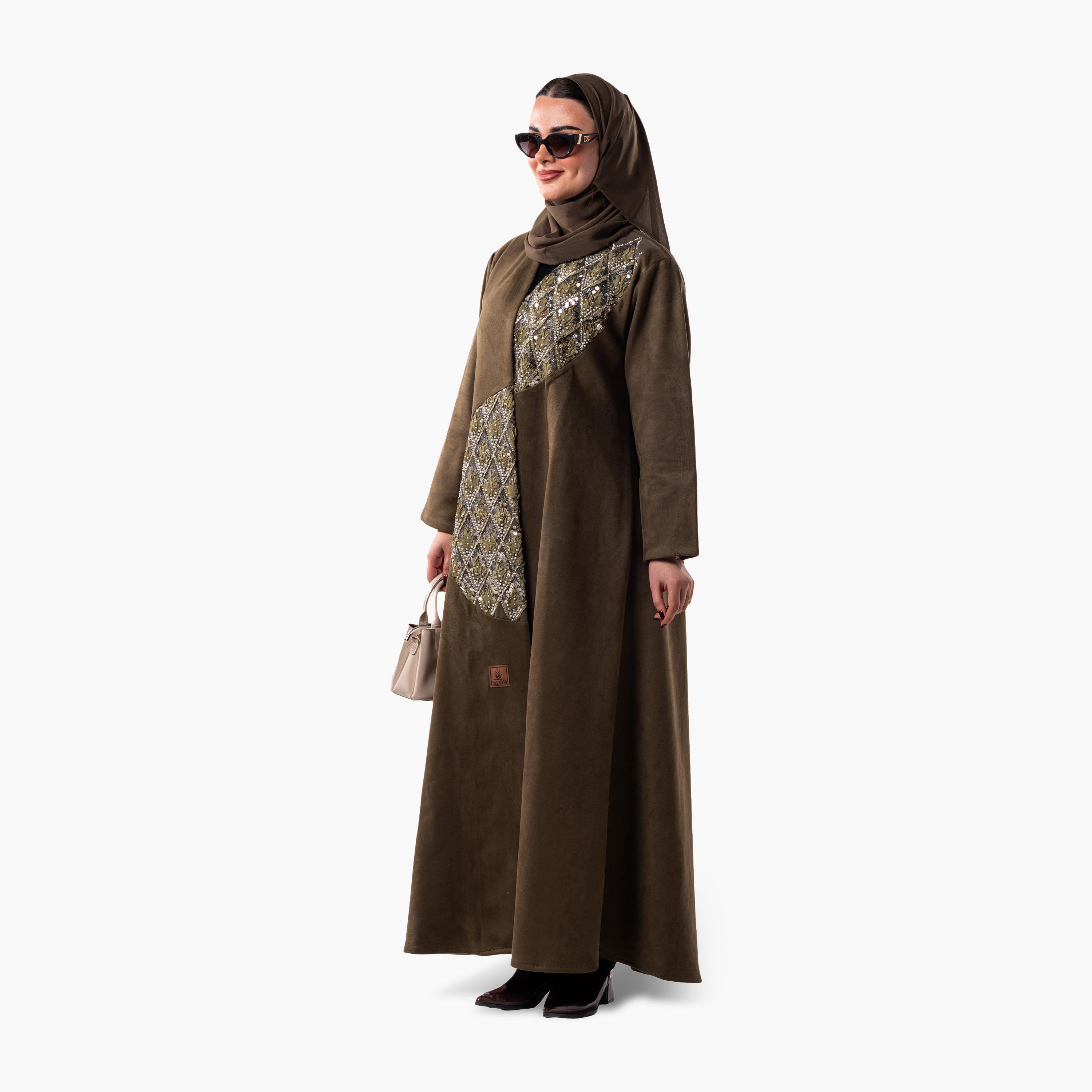 Zahiyh Olive Geometric Embroidered Women's Evening Flared Abaya with Hijab-women-arabicclothing-abayas-image-4