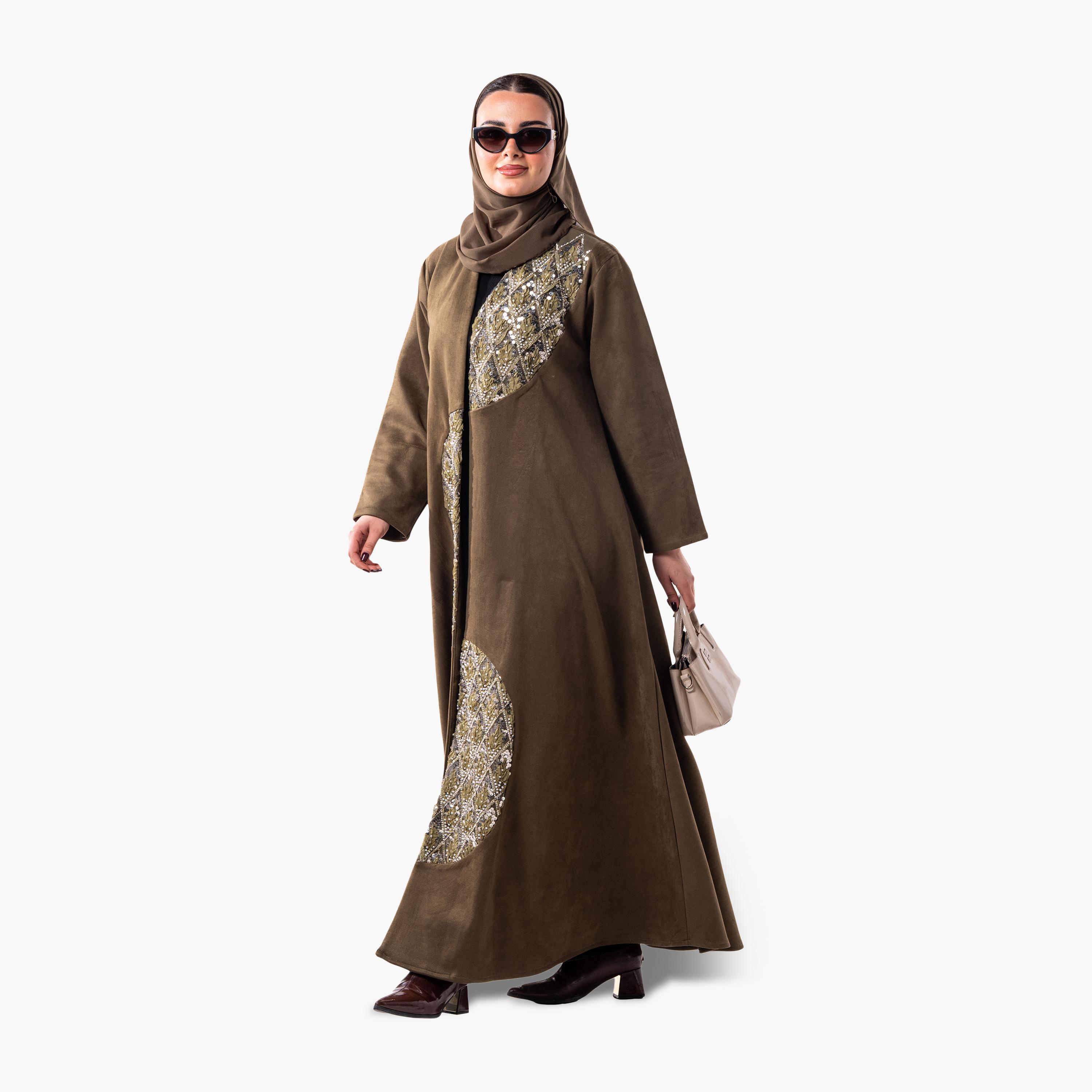 Zahiyh Olive Geometric Embroidered Women's Evening Flared Abaya with Hijab-women-arabicclothing-abayas-image-5