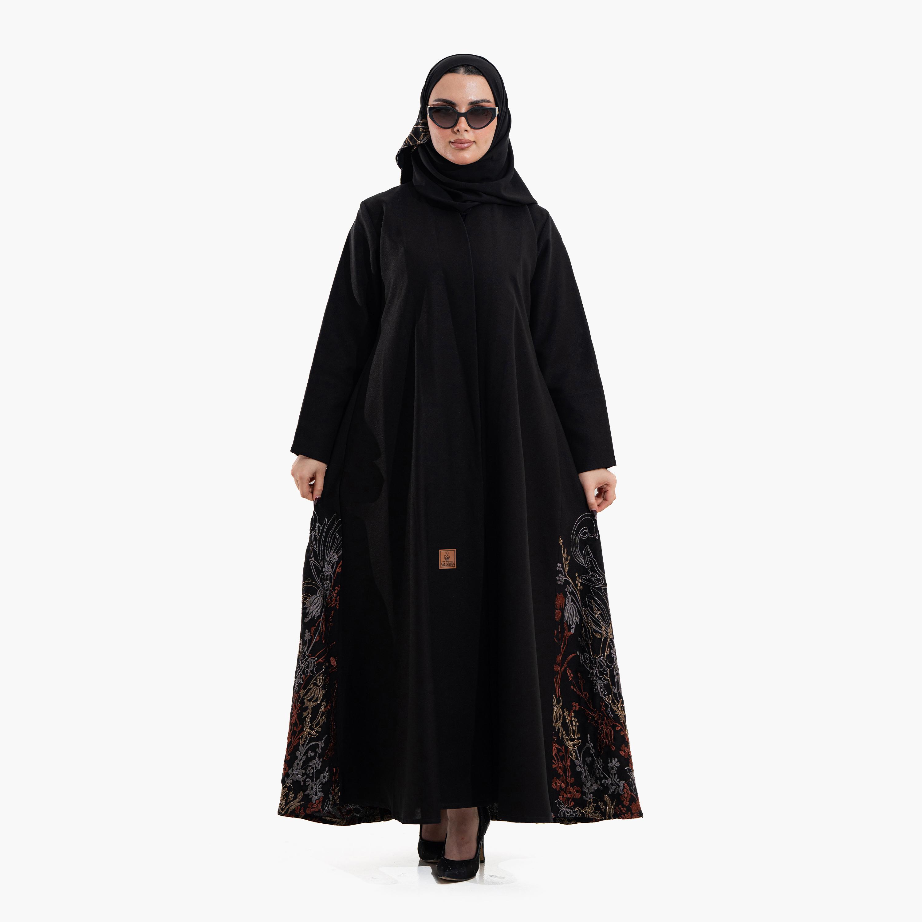 عباية سهرة نسائية بتطريز زهور مع حجاب - أسود من زاهية-women-arabicclothing-abayas-image-1