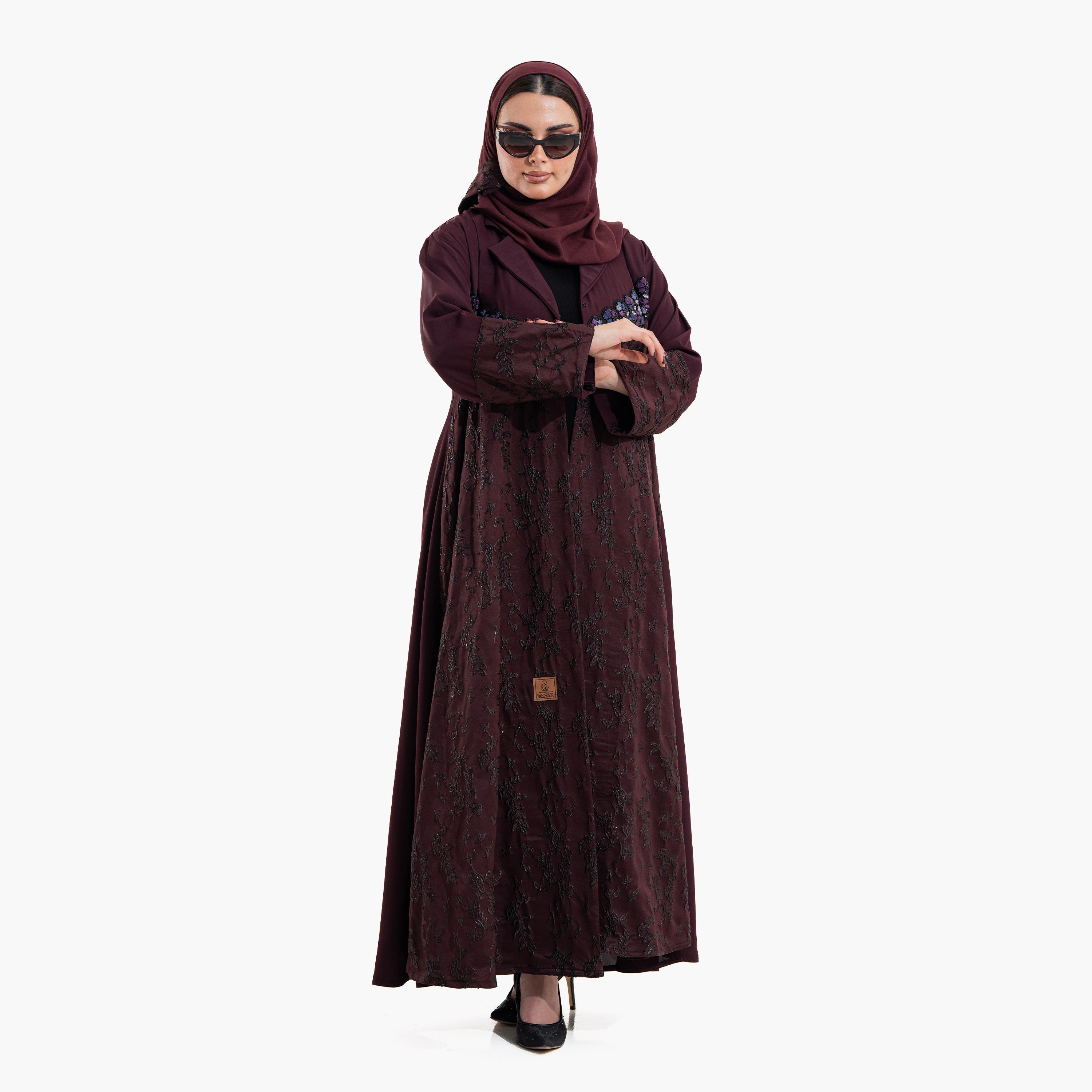 Zahiyh Burgundy Embroidered Lapel Collar Wide Cuff Sleeves Women's Evening Abaya with Hijab-women-arabicclothing-abayas-image-1
