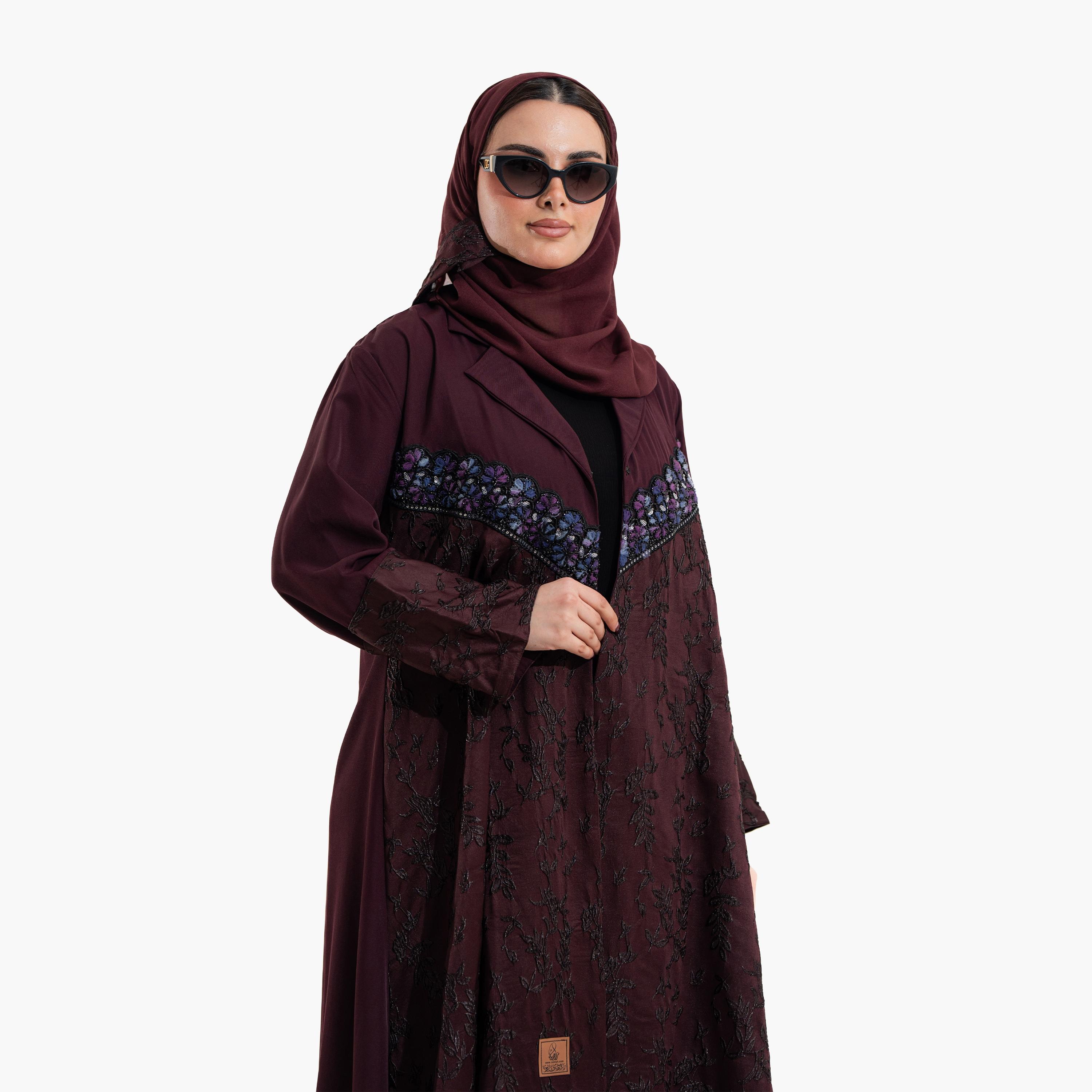 Zahiyh Burgundy Embroidered Lapel Collar Wide Cuff Sleeves Women's Evening Abaya with Hijab-women-arabicclothing-abayas-image-2