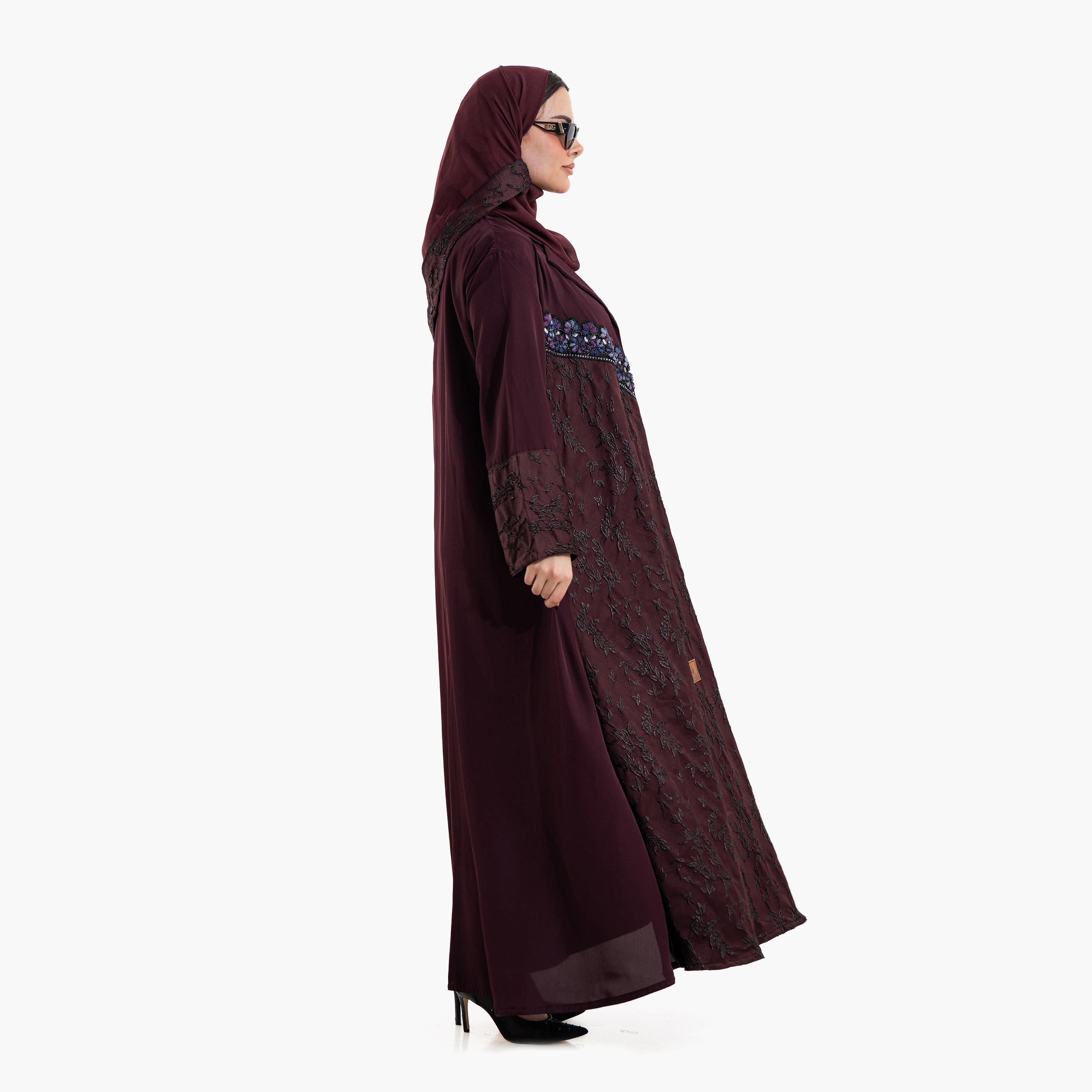 Zahiyh Burgundy Embroidered Lapel Collar Wide Cuff Sleeves Women's Evening Abaya with Hijab-women-arabicclothing-abayas-image-3