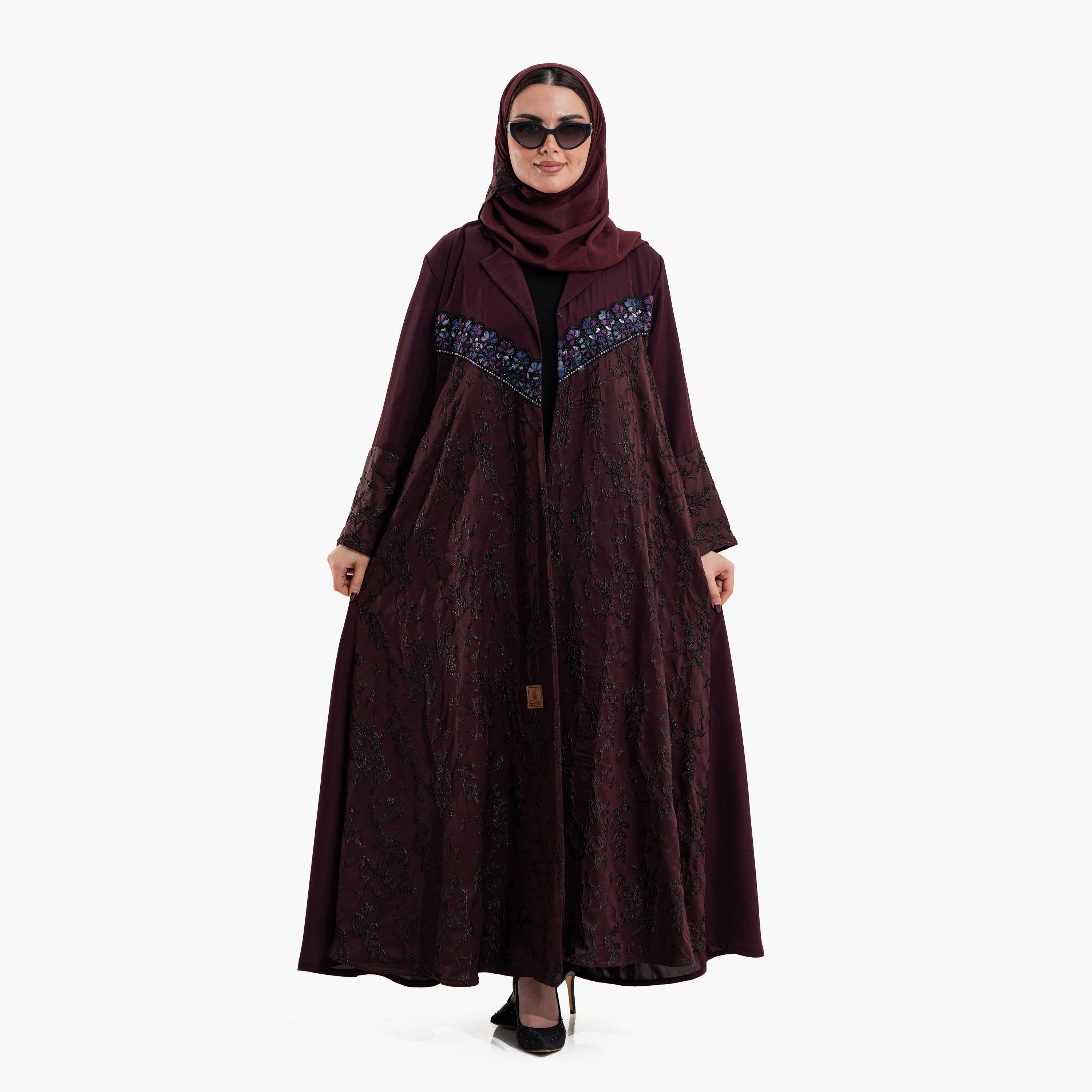 Zahiyh Burgundy Embroidered Lapel Collar Wide Cuff Sleeves Women's Evening Abaya with Hijab-women-arabicclothing-abayas-image-4