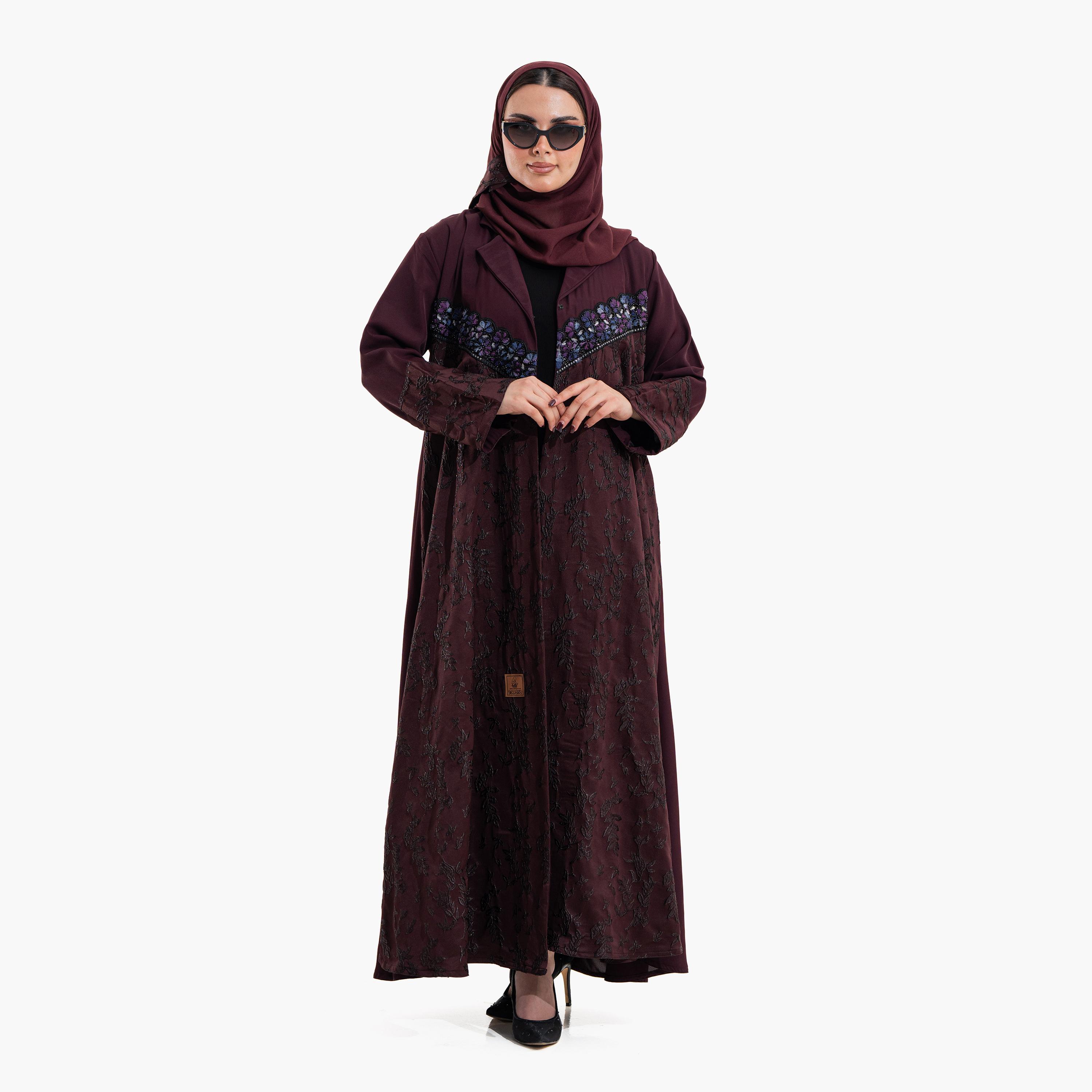 Zahiyh Burgundy Embroidered Lapel Collar Wide Cuff Sleeves Women's Evening Abaya with Hijab-women-arabicclothing-abayas-image-5