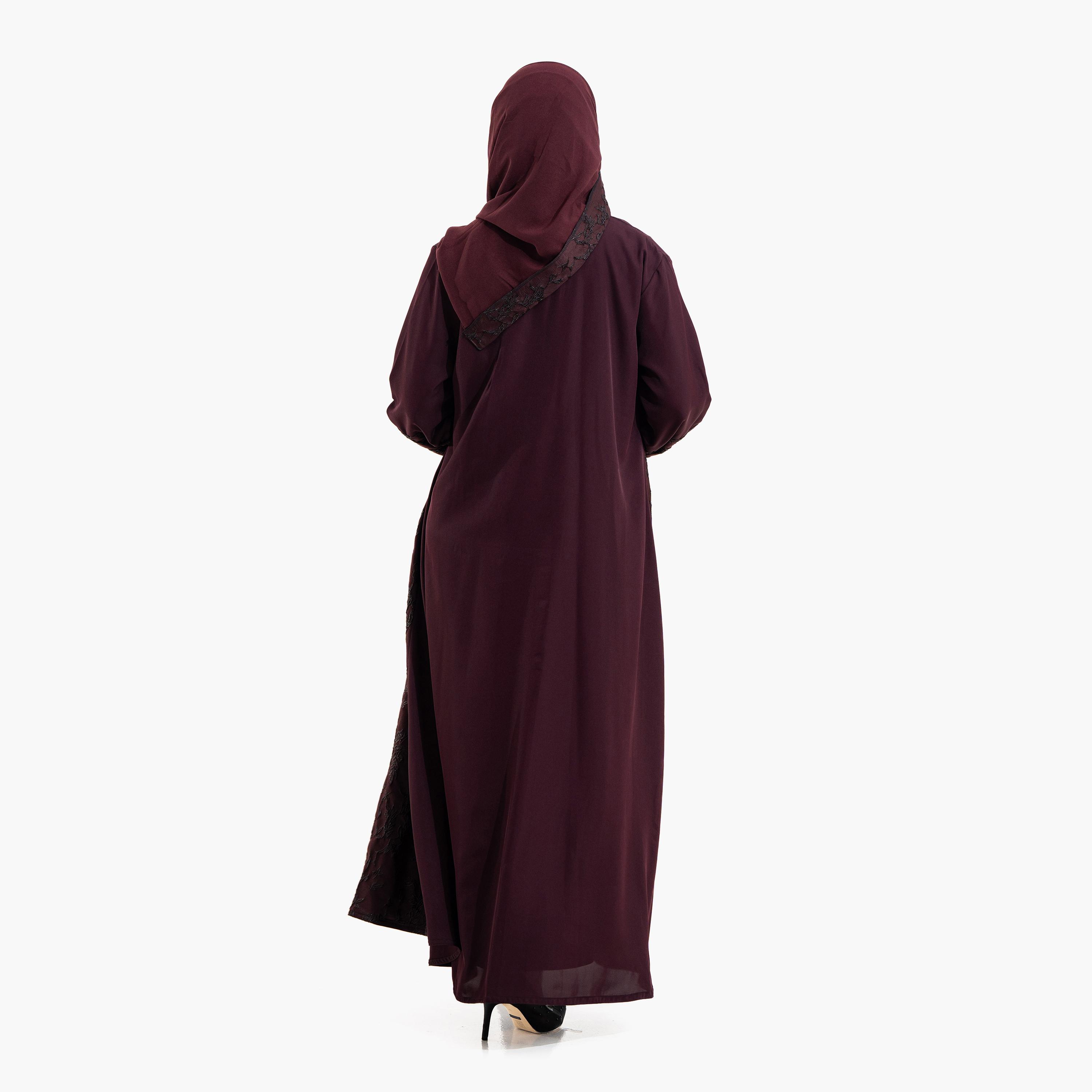 Zahiyh Burgundy Embroidered Lapel Collar Wide Cuff Sleeves Women's Evening Abaya with Hijab-women-arabicclothing-abayas-image-6