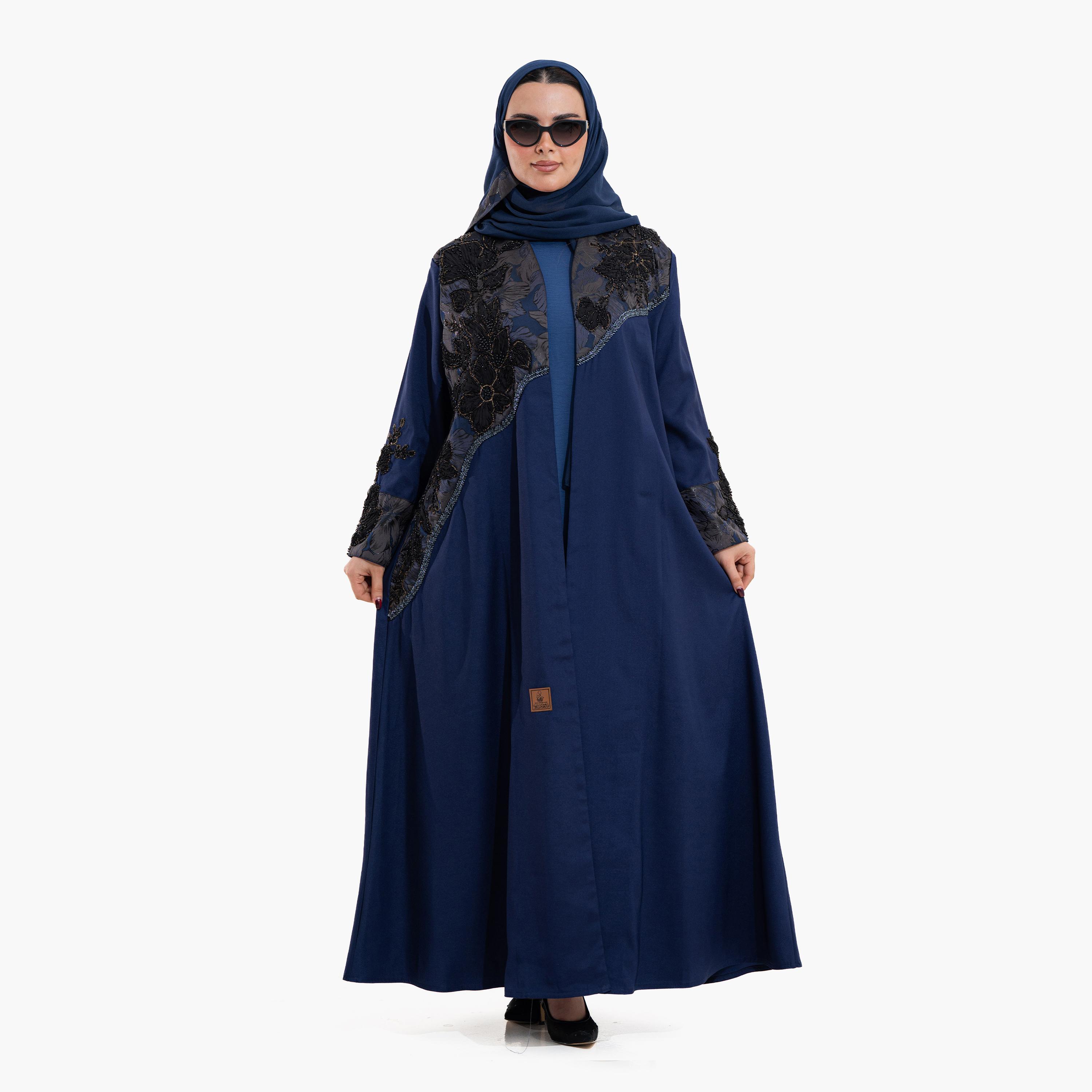عباية سهرة نسائية بأكمام "كونتراست كف" مزينة بالخرز والتطريز مع حجاب - كحلي من زاهية-women-arabicclothing-abayas-image-1