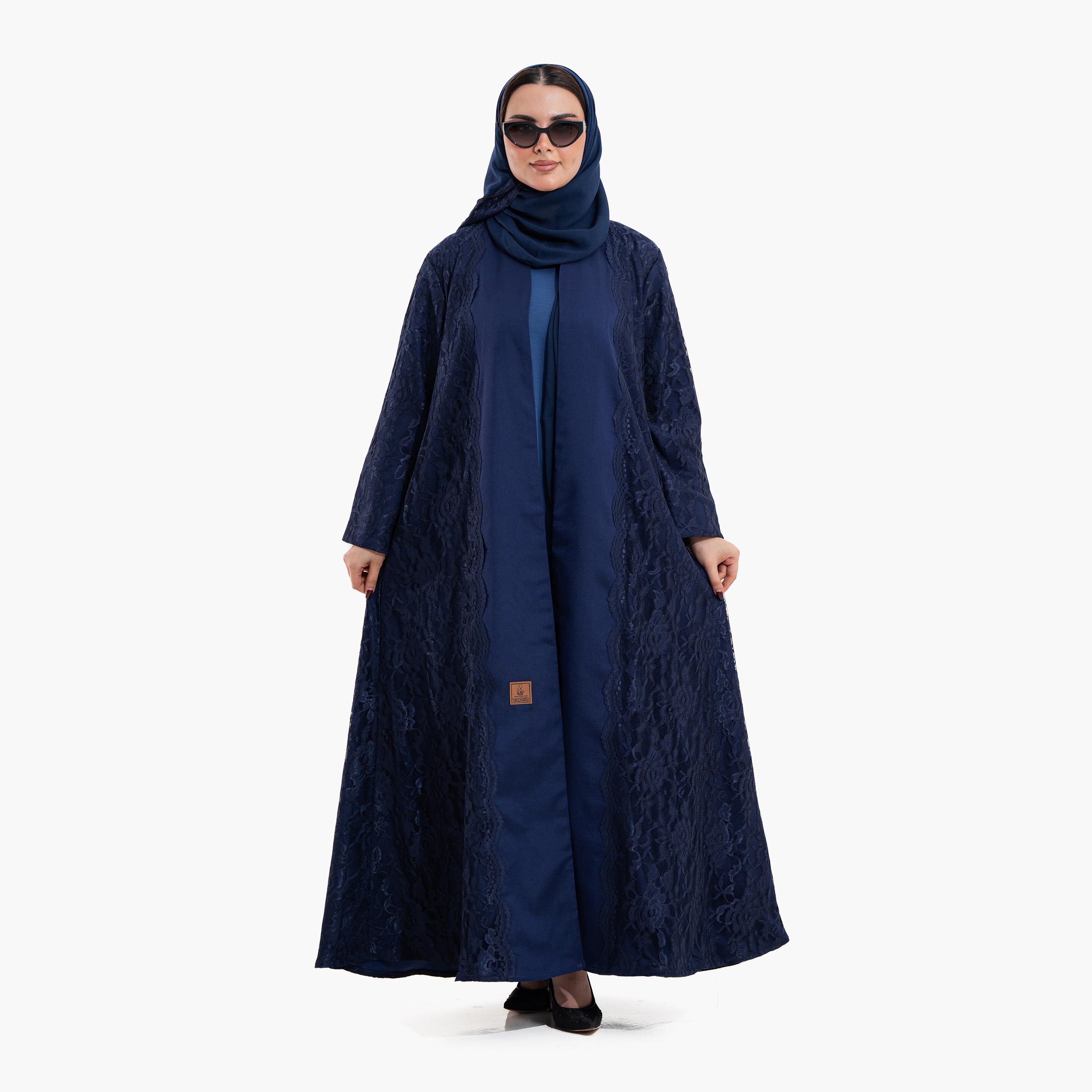 عباية سهرة نسائية بقماش "ليس" بنقشة زهور مع حجاب - كحلي من زاهية-women-arabicclothing-abayas-image-1